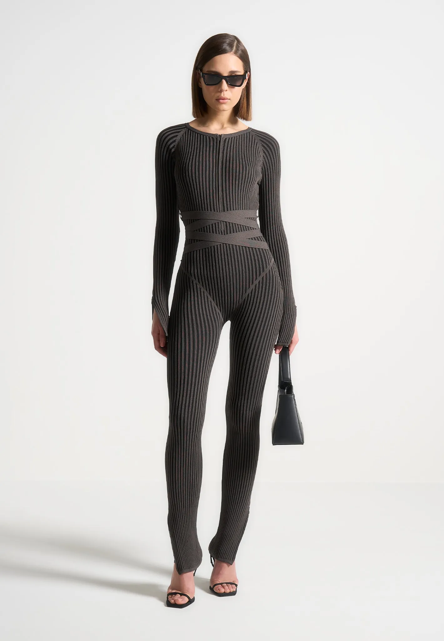 Knitted Two Tone Jumpsuit with Belt - Grey/Black sold by Maniere De Voir
