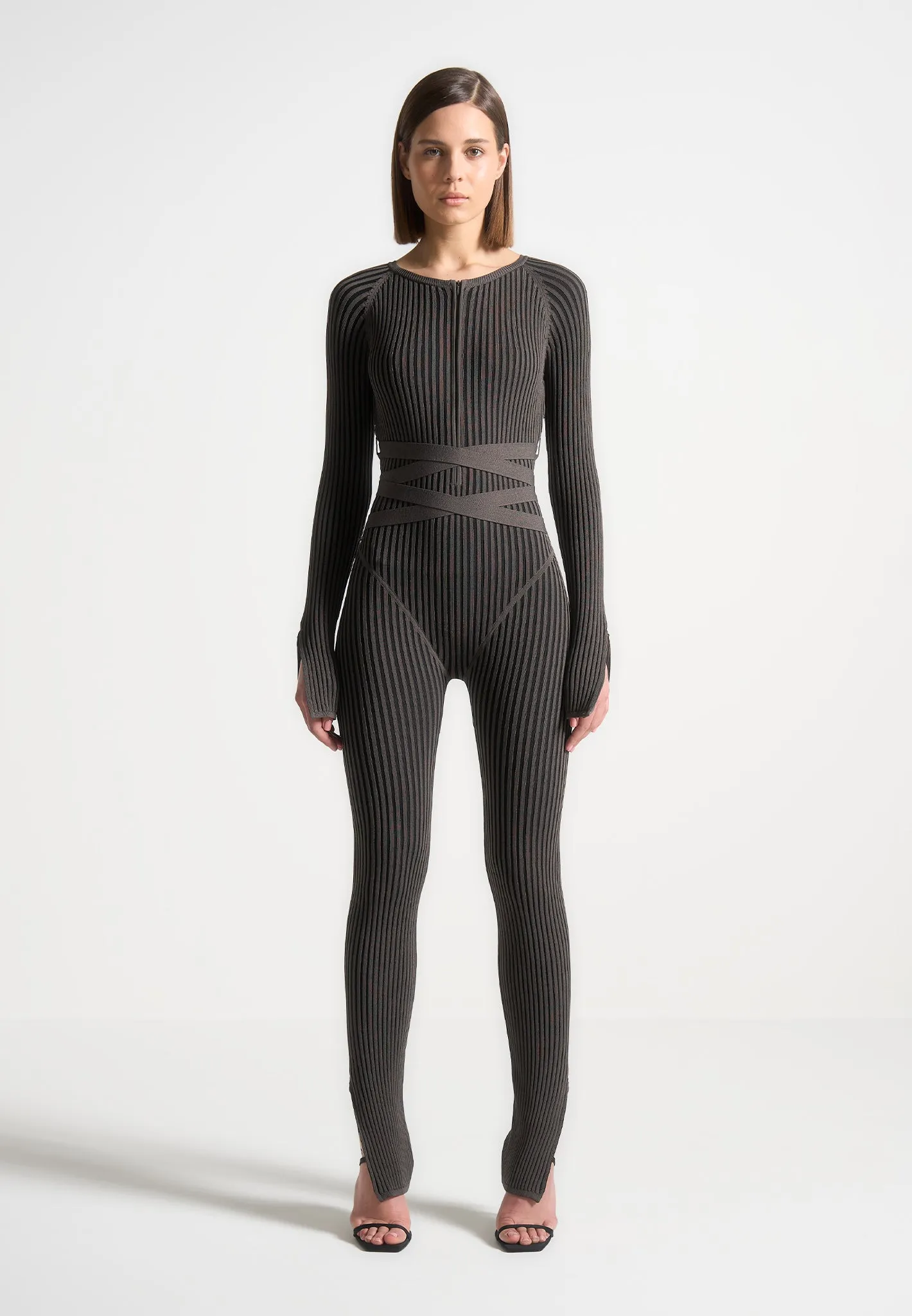 Knitted Two Tone Jumpsuit with Belt - Grey/Black sold by Maniere De Voir product image thumbnail 3
