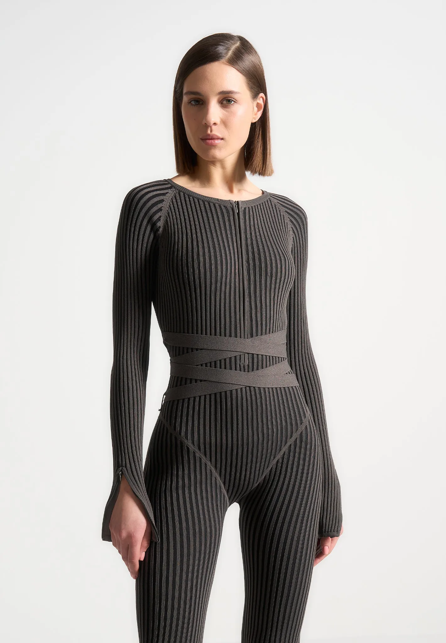 Knitted Two Tone Jumpsuit with Belt - Grey/Black sold by Maniere De Voir product image thumbnail 2