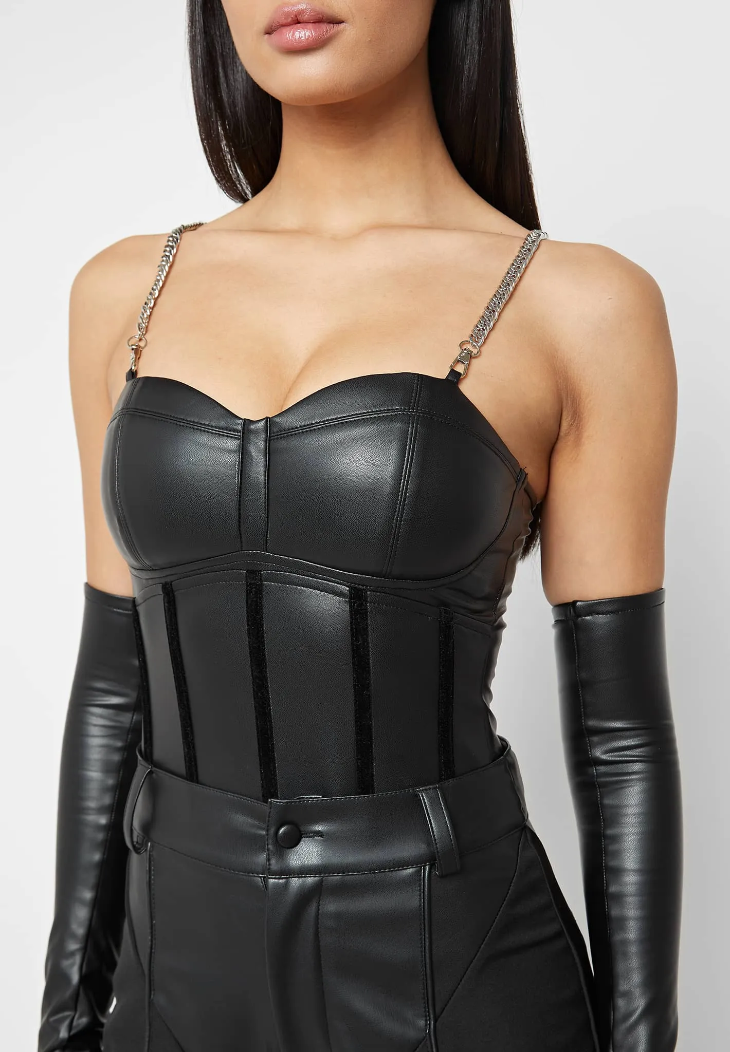Leather Corset Bodysuit With Sleeve - Black sold by Maniere De Voir product image thumbnail 5