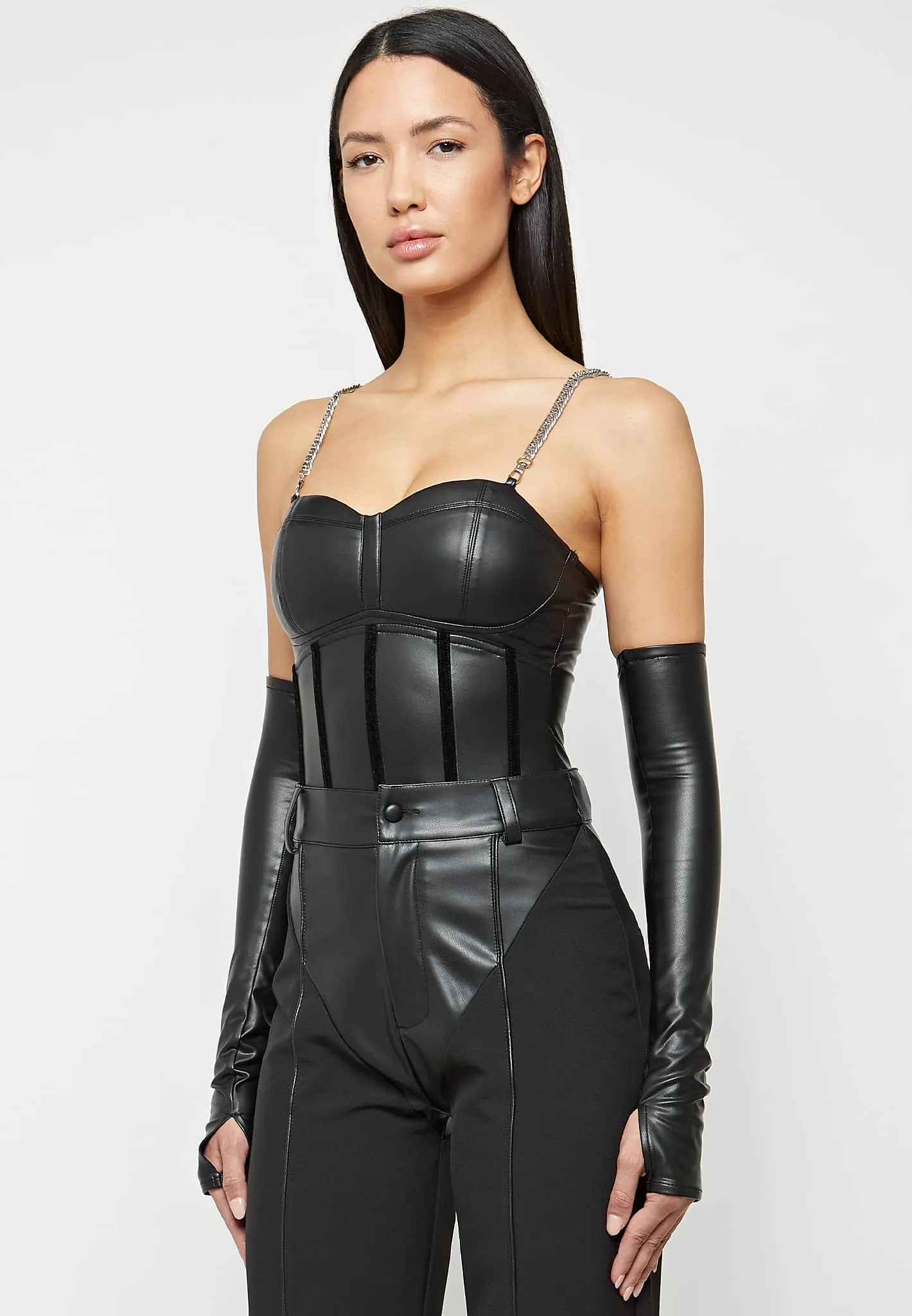 Leather Corset Bodysuit With Sleeve - Black sold by Maniere De Voir product image thumbnail 4