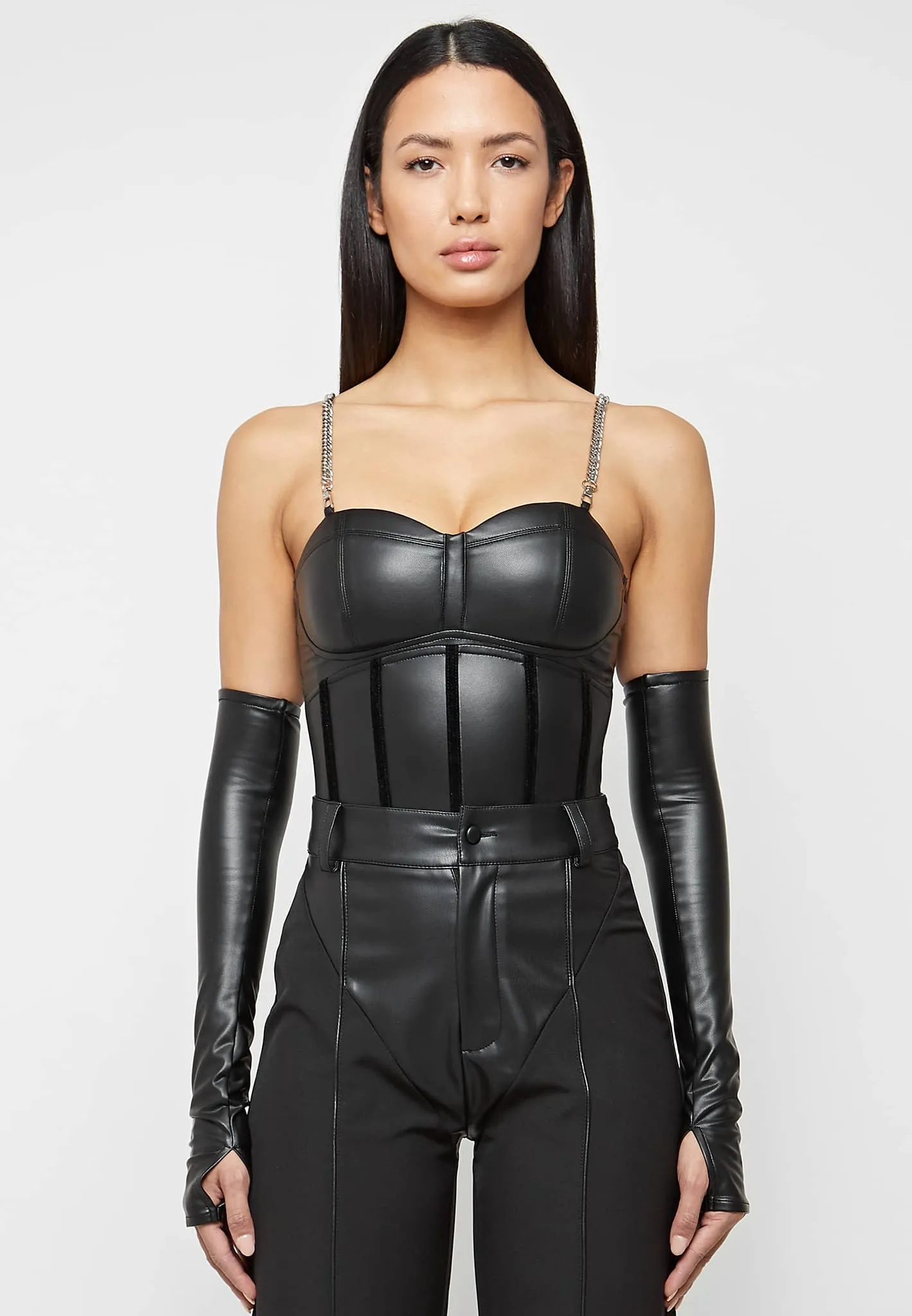 Leather Corset Bodysuit With Sleeve - Black sold by Maniere De Voir
