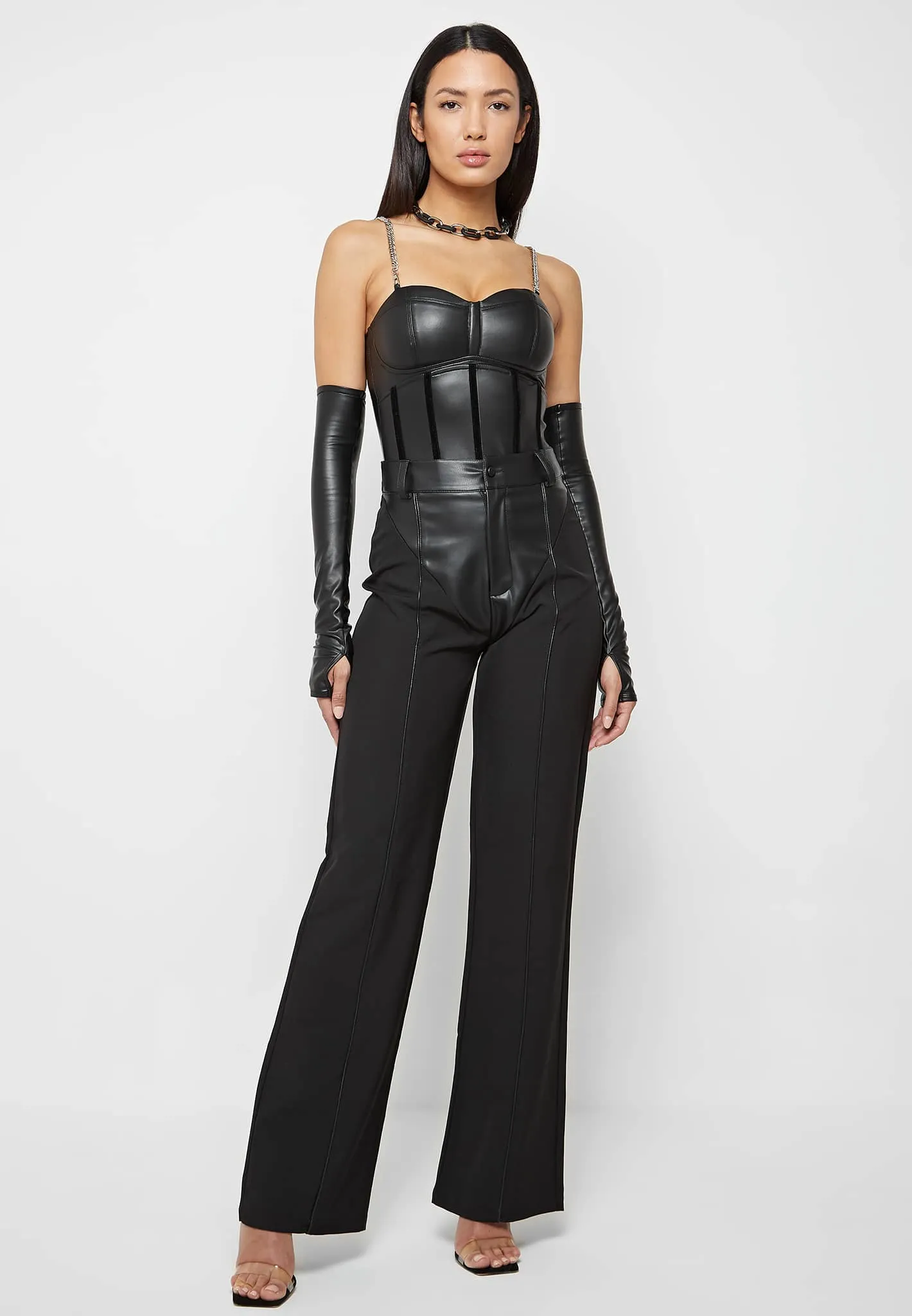 Leather Corset Bodysuit With Sleeve - Black sold by Maniere De Voir product image thumbnail 2