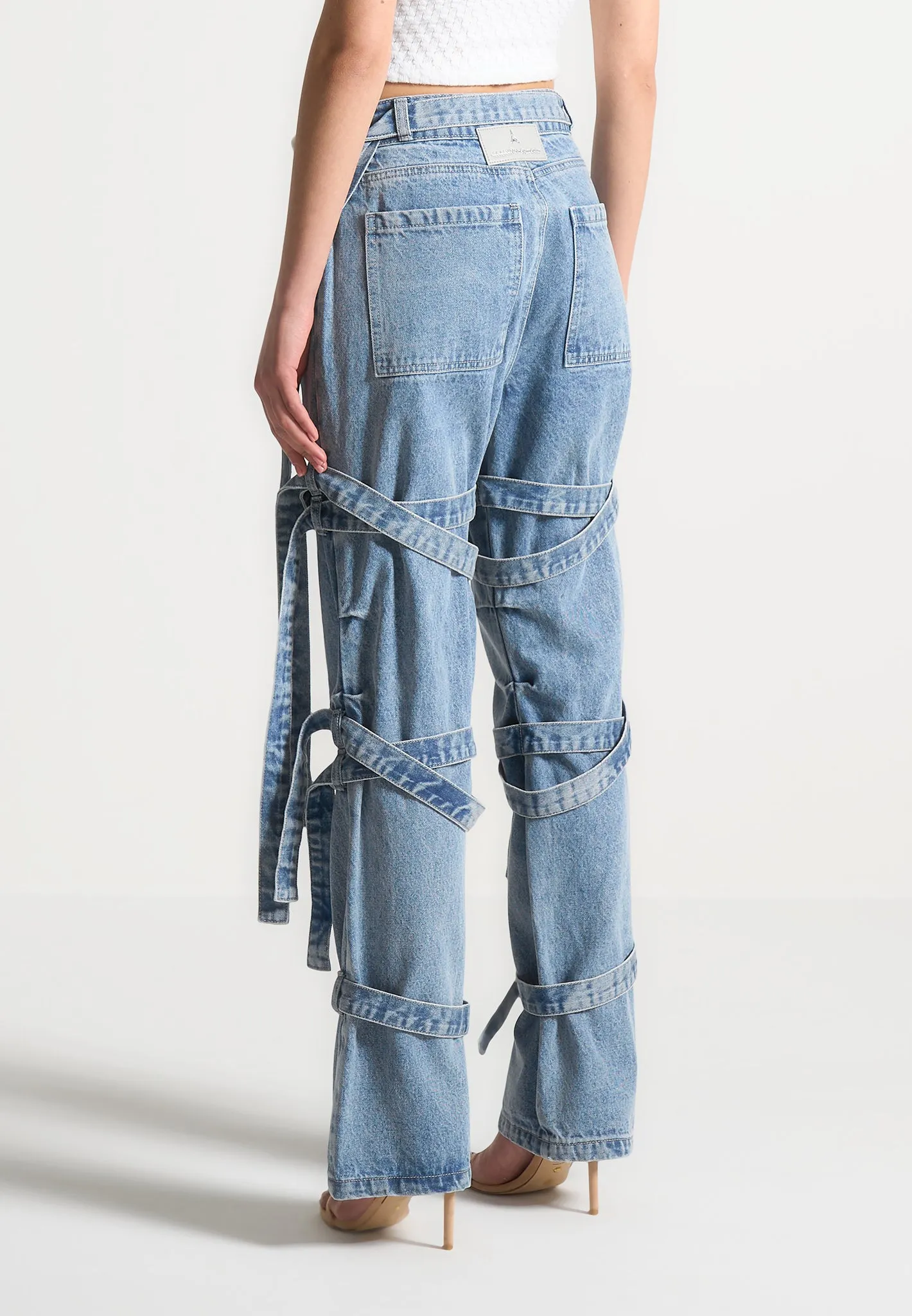 Talia - Denim Strap Cargo Jeans - Mid Blue sold by Maniere De Voir product image thumbnail 4