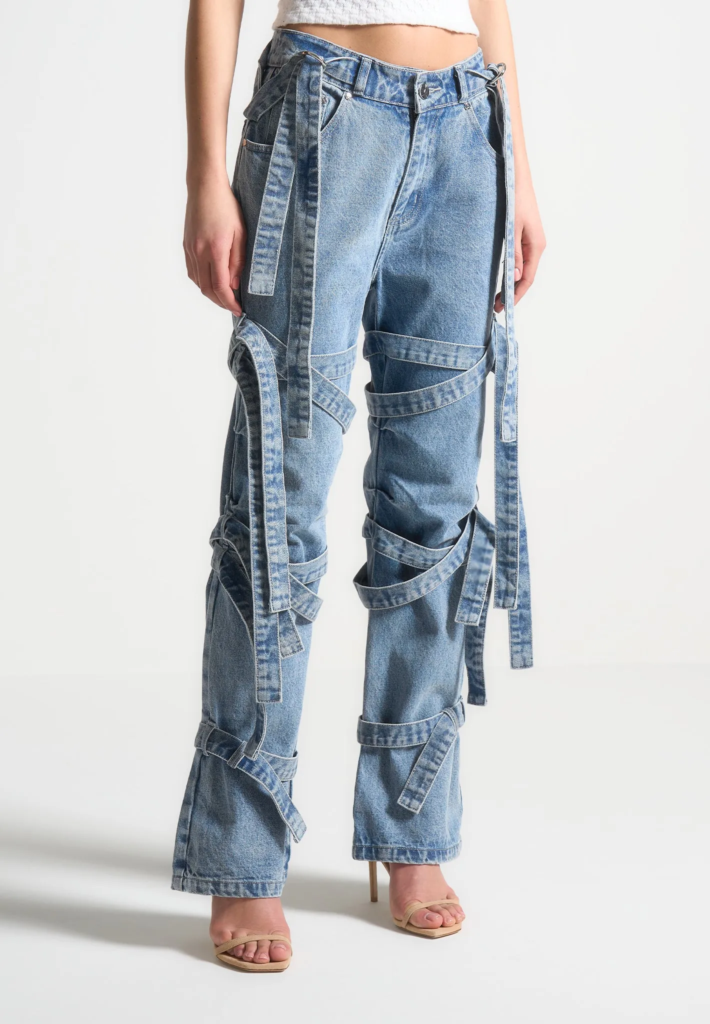 Talia - Denim Strap Cargo Jeans - Mid Blue sold by Maniere De Voir product image thumbnail 3