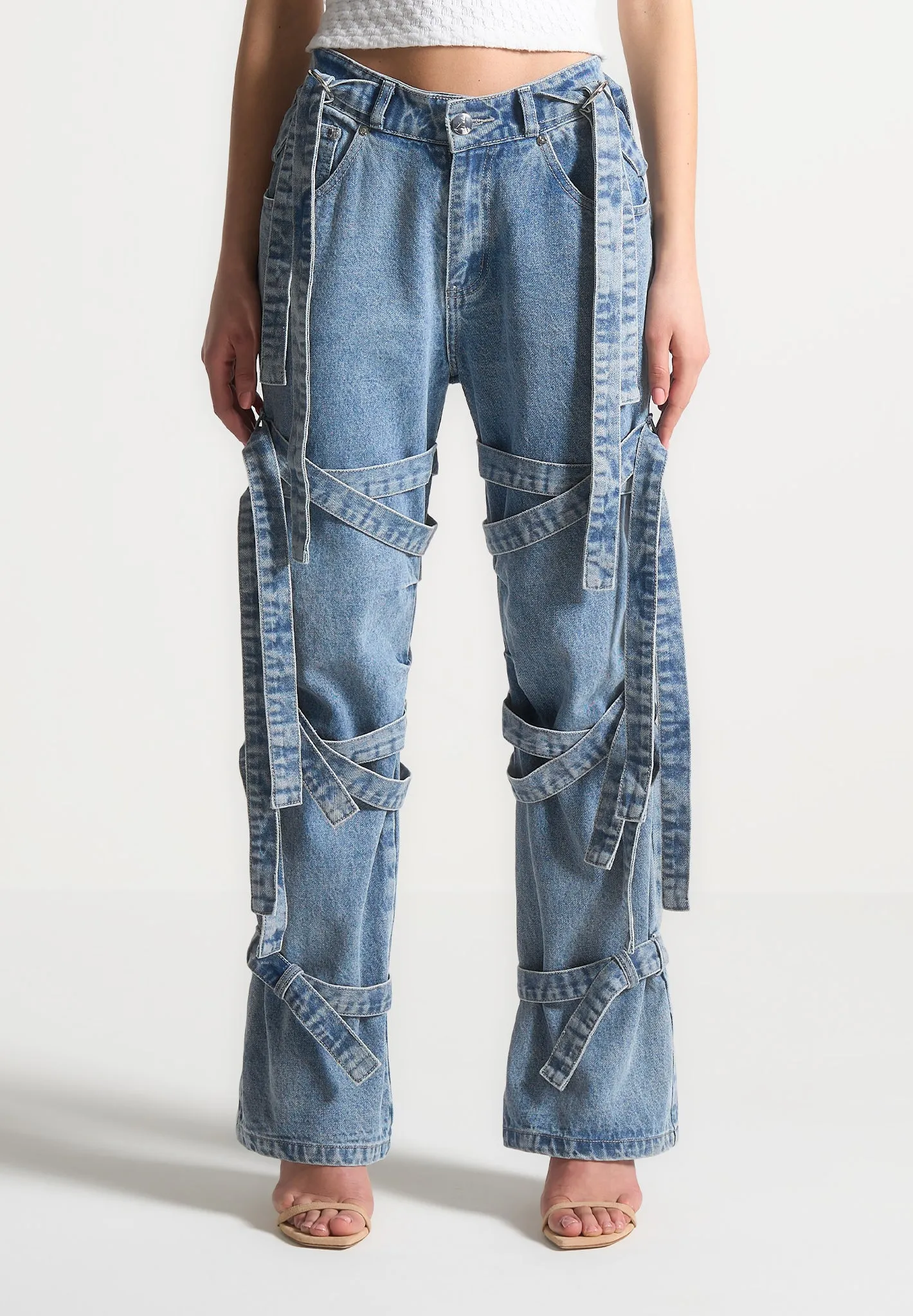 Talia - Denim Strap Cargo Jeans - Mid Blue sold by Maniere De Voir