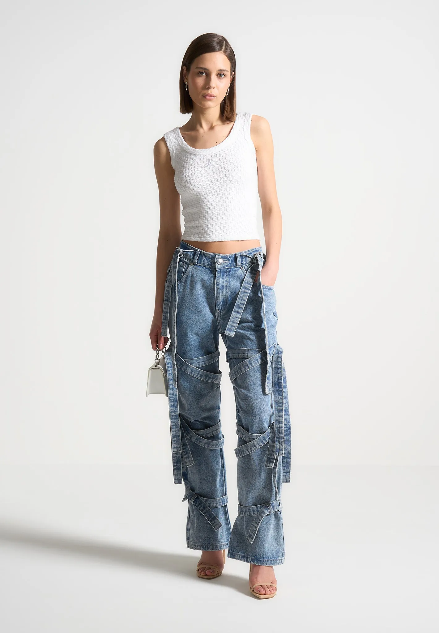 Talia - Denim Strap Cargo Jeans - Mid Blue sold by Maniere De Voir product image thumbnail 2