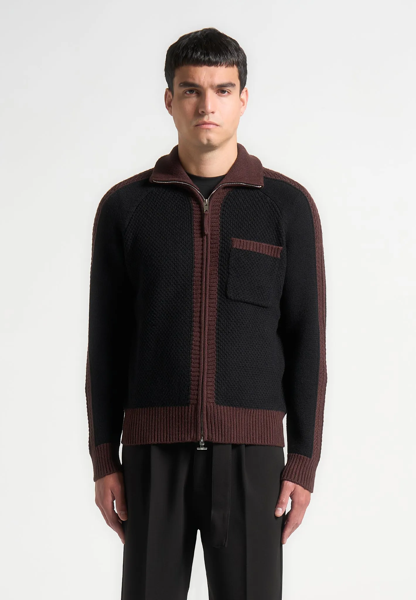 René - Colour Block Zip Through Cardigan - Black sold by Maniere De Voir