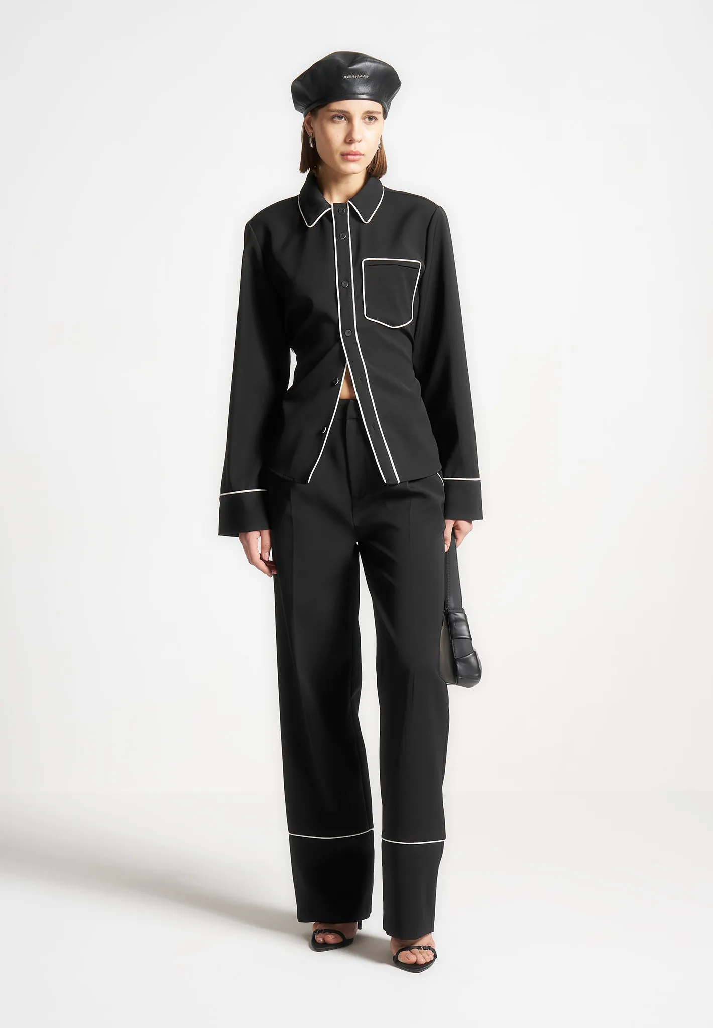 Contrast Piped Backless Tie Shirt - Black/White sold by Maniere De Voir