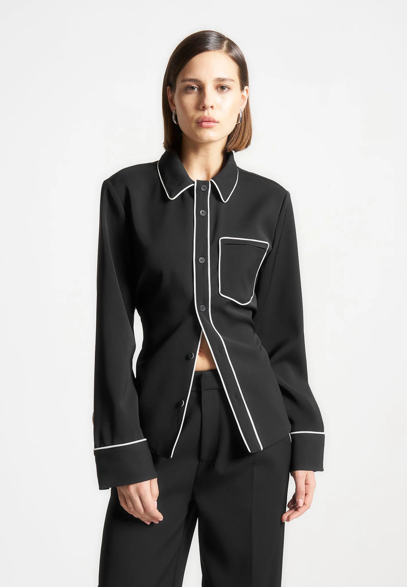 Contrast Piped Backless Tie Shirt - Black/White sold by Maniere De Voir product image thumbnail 3