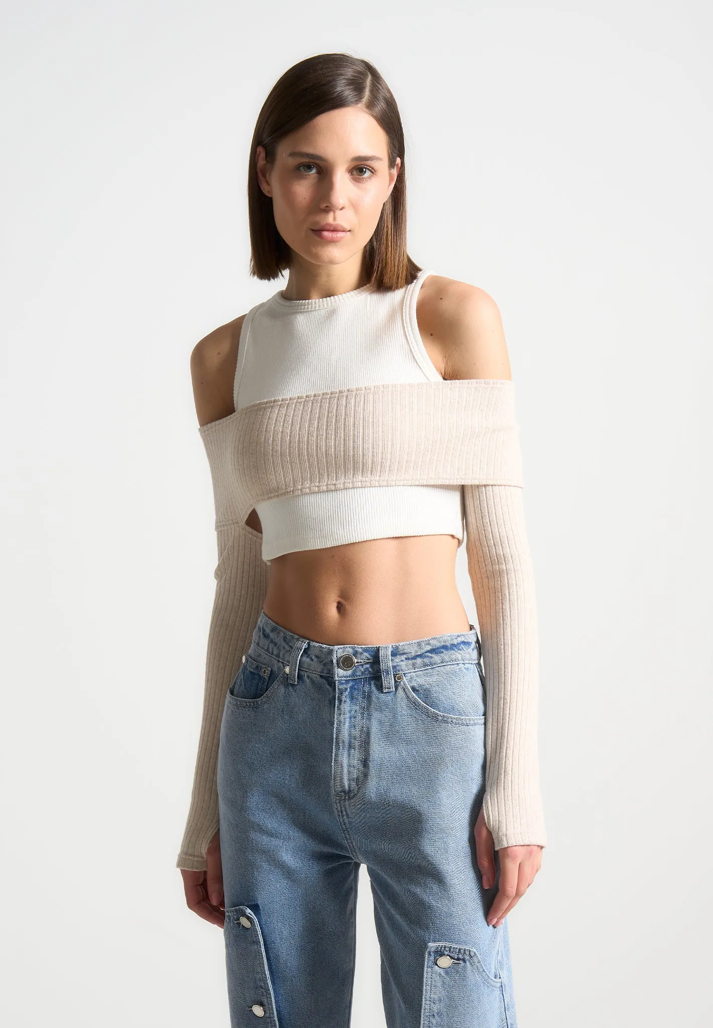 Crop Top with Knitted Overlay - White/Beige sold by Maniere De Voir product image thumbnail 3