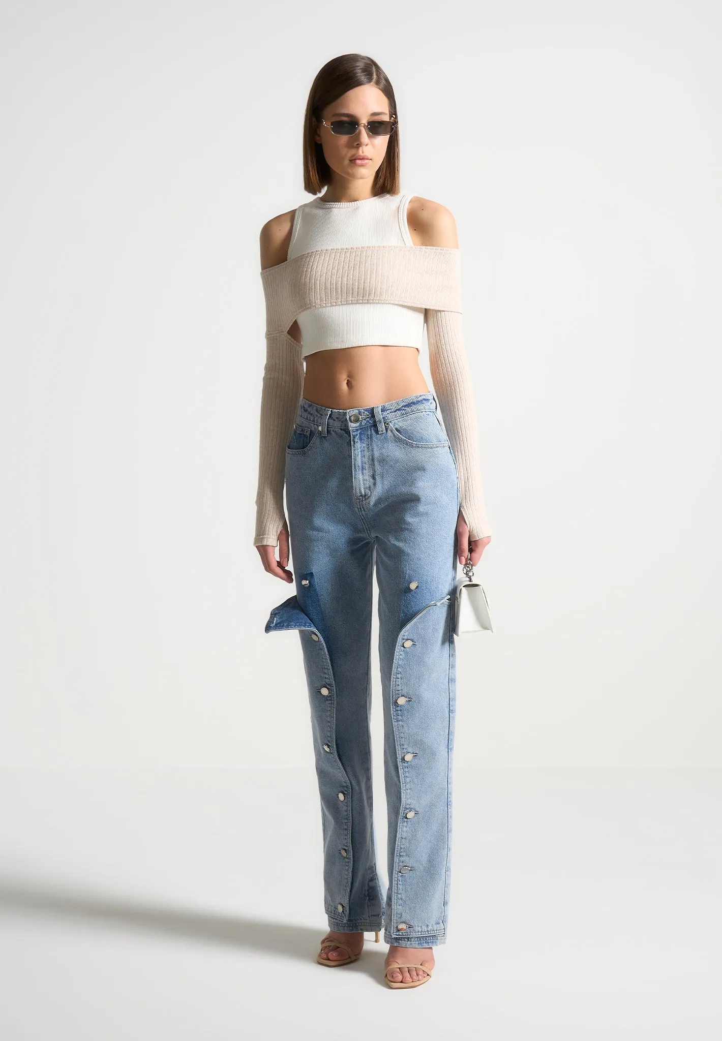 Crop Top with Knitted Overlay - White/Beige sold by Maniere De Voir product image thumbnail 2