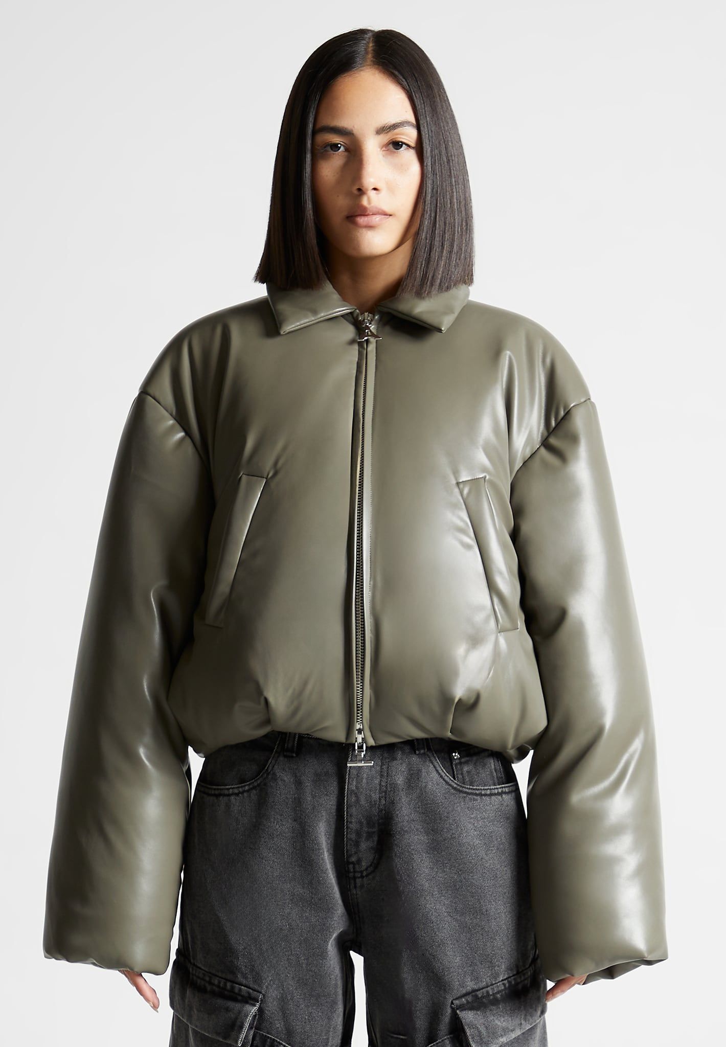 Leather Padded Bomber Jacket - Khaki sold by Maniere De Voir product image thumbnail 3