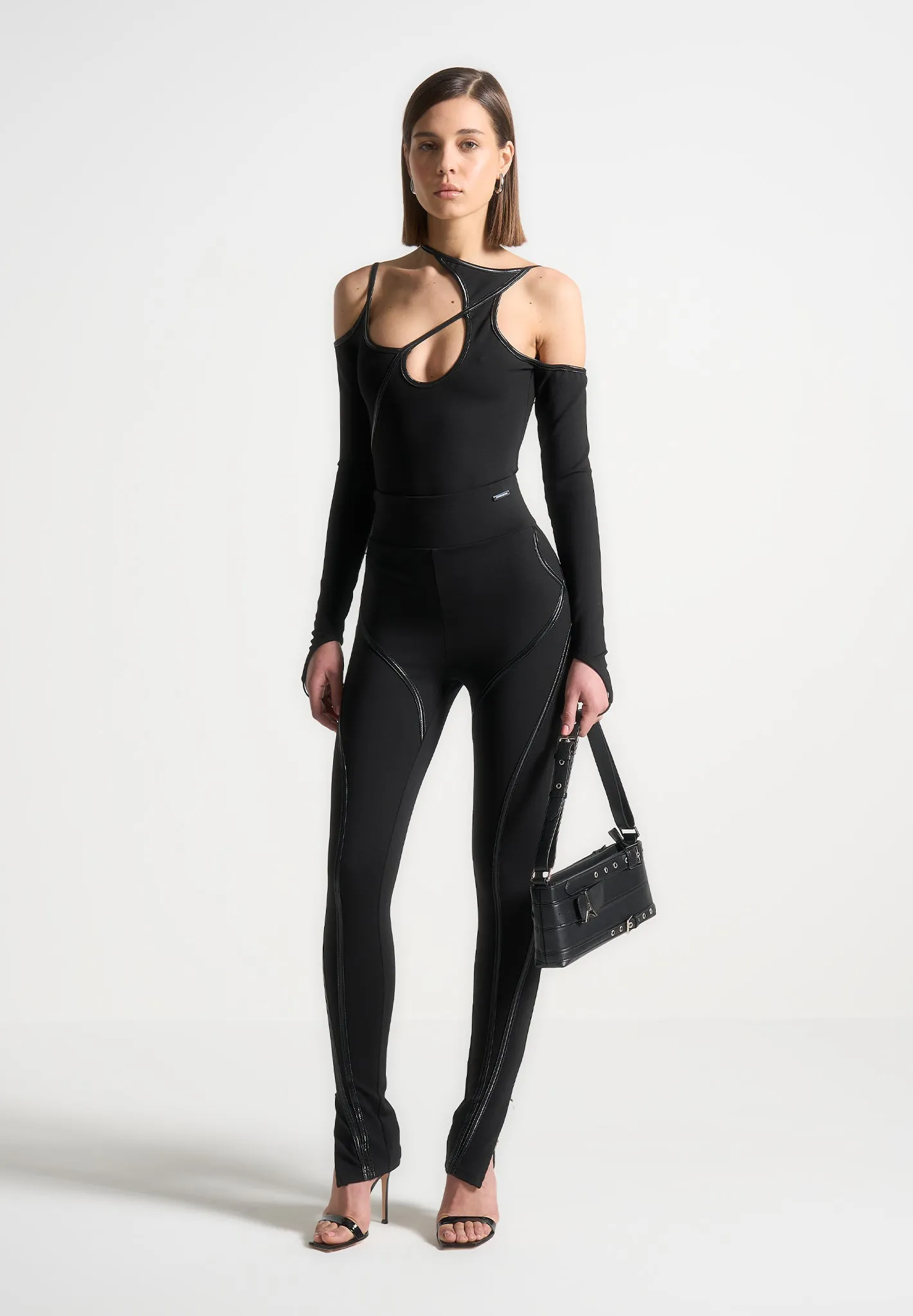 Contrast Asymmetric Bodysuit - Black sold by Maniere De Voir