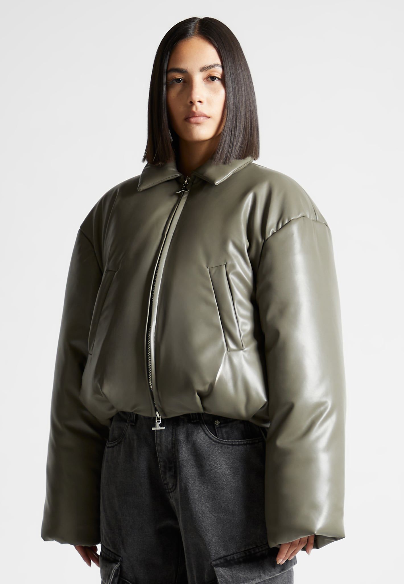 Leather Padded Bomber Jacket - Khaki sold by Maniere De Voir product image thumbnail 4