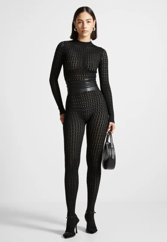 Chantal - Pointelle Knit Long Sleeve Jumpsuit with Belt - Black made by Maniere De Voir