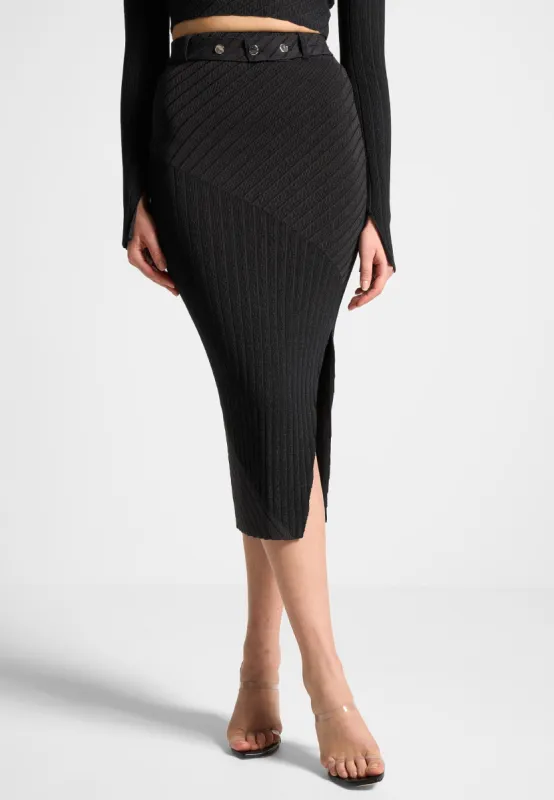 Two-Tone Ribbed Knit Midi Skirt with Belt - Black/Grey sold by Maniere De Voir