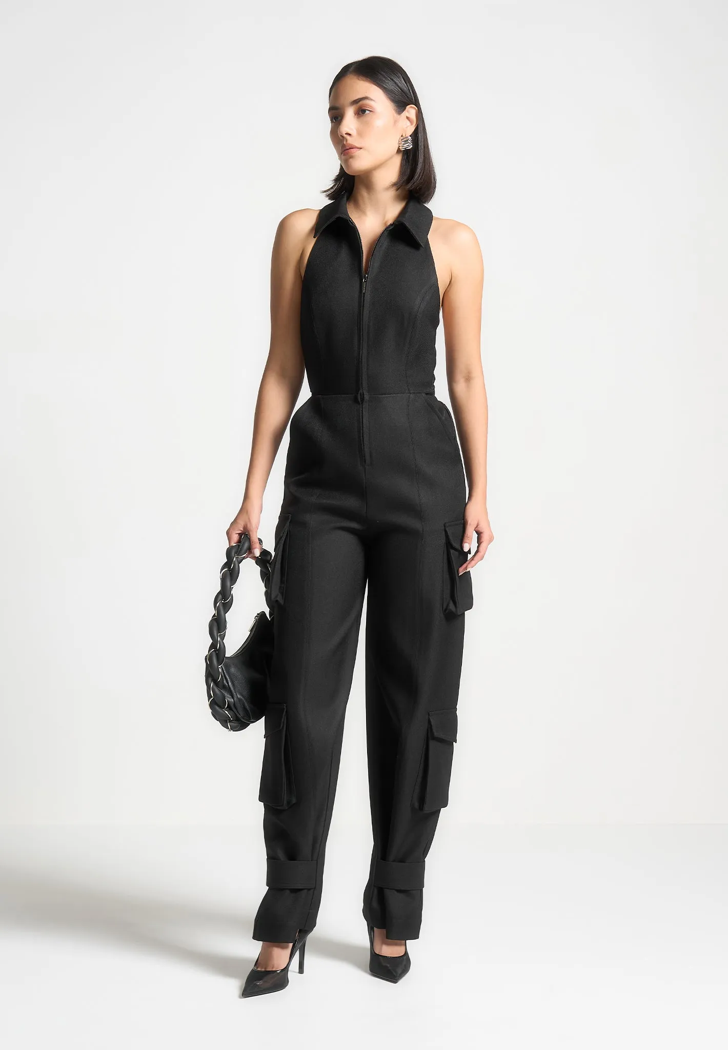 Tailored Halterneck Cargo Jumpsuit - Black sold by Maniere De Voir