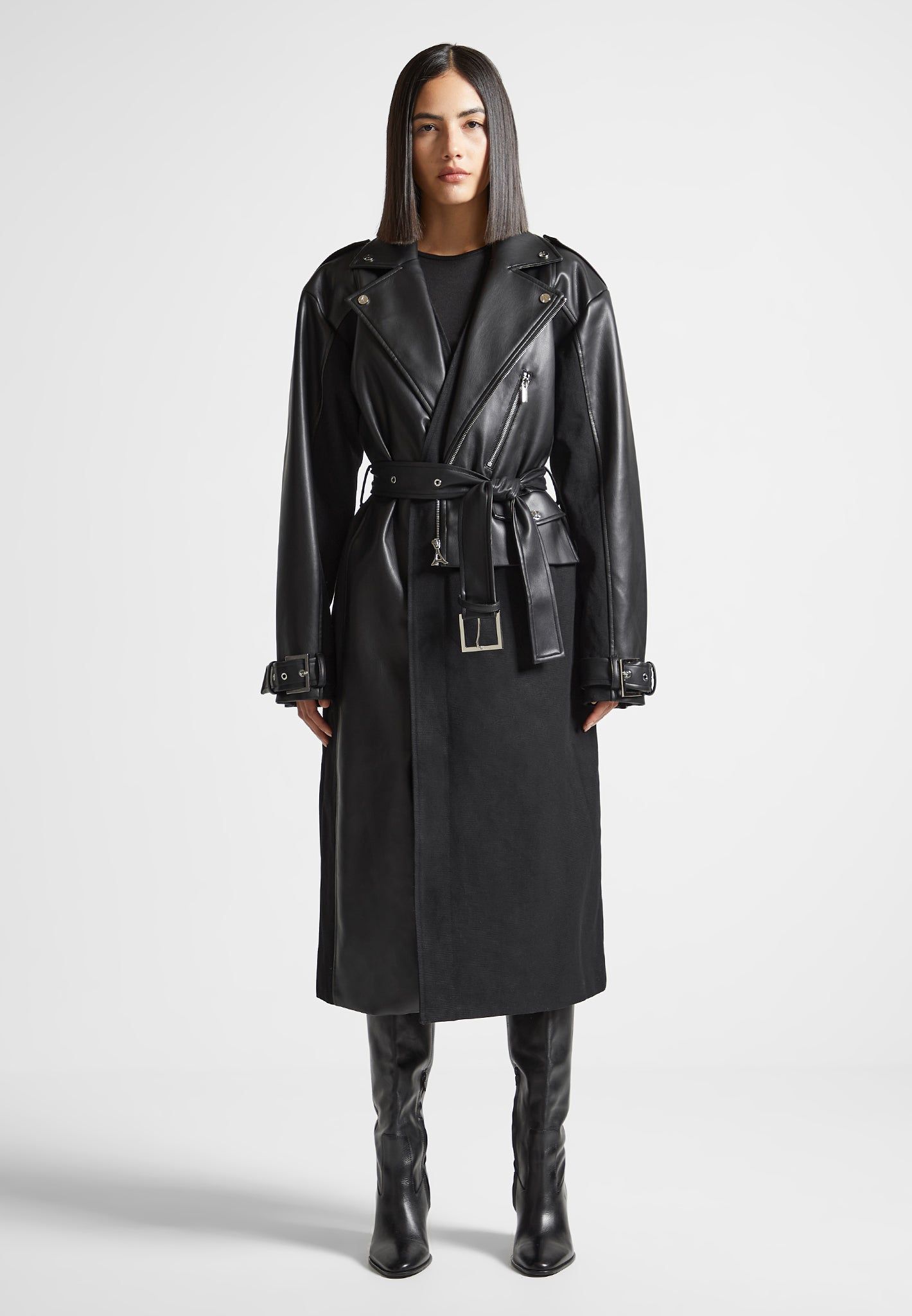 Leather Biker Trench Coat - Black sold by Maniere De Voir product image thumbnail 4