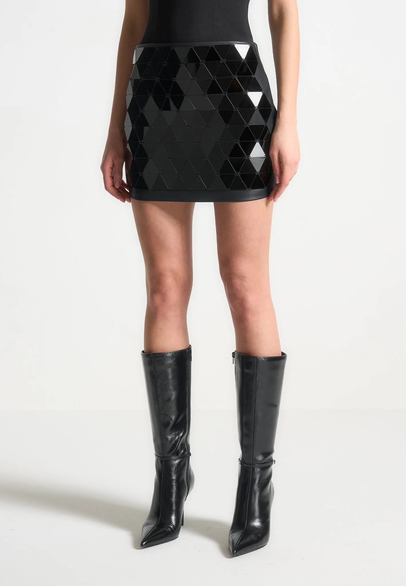 Leather Mirrored Mini Skirt - Black/Black sold by Maniere De Voir product image thumbnail 3