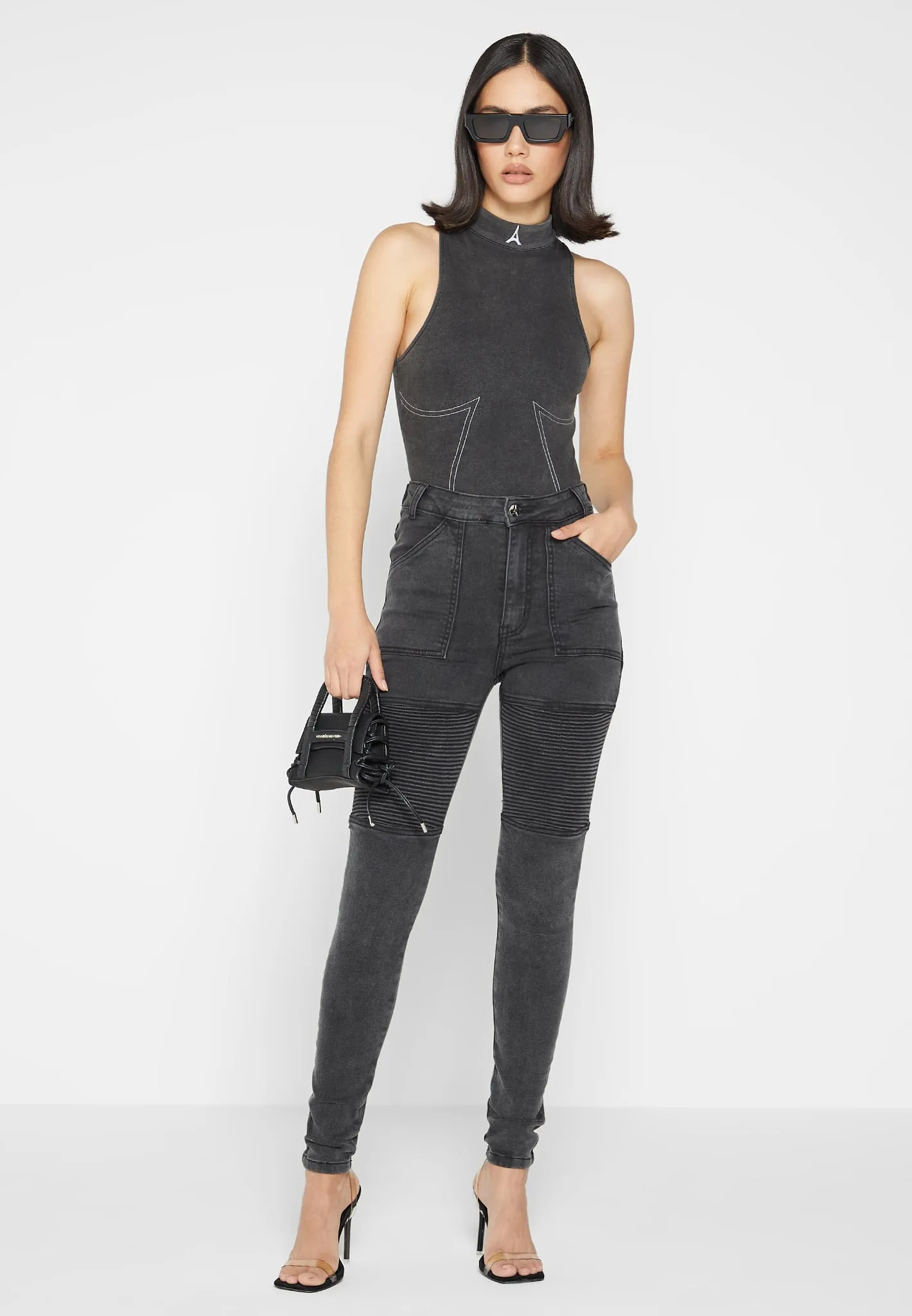 Ribbed Biker Skinny Jeans - Washed Black sold by Maniere De Voir product image thumbnail 2