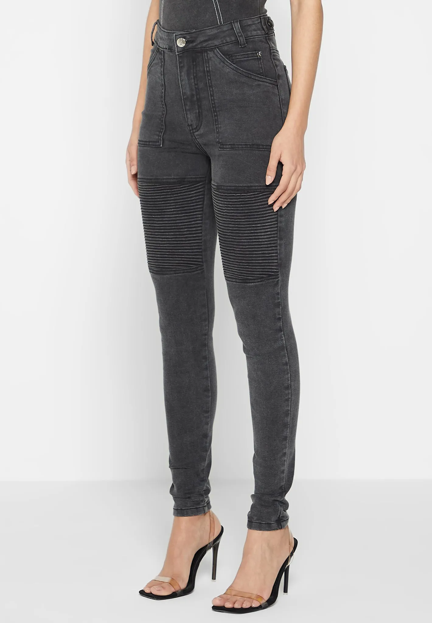Ribbed Biker Skinny Jeans - Washed Black sold by Maniere De Voir product image thumbnail 3