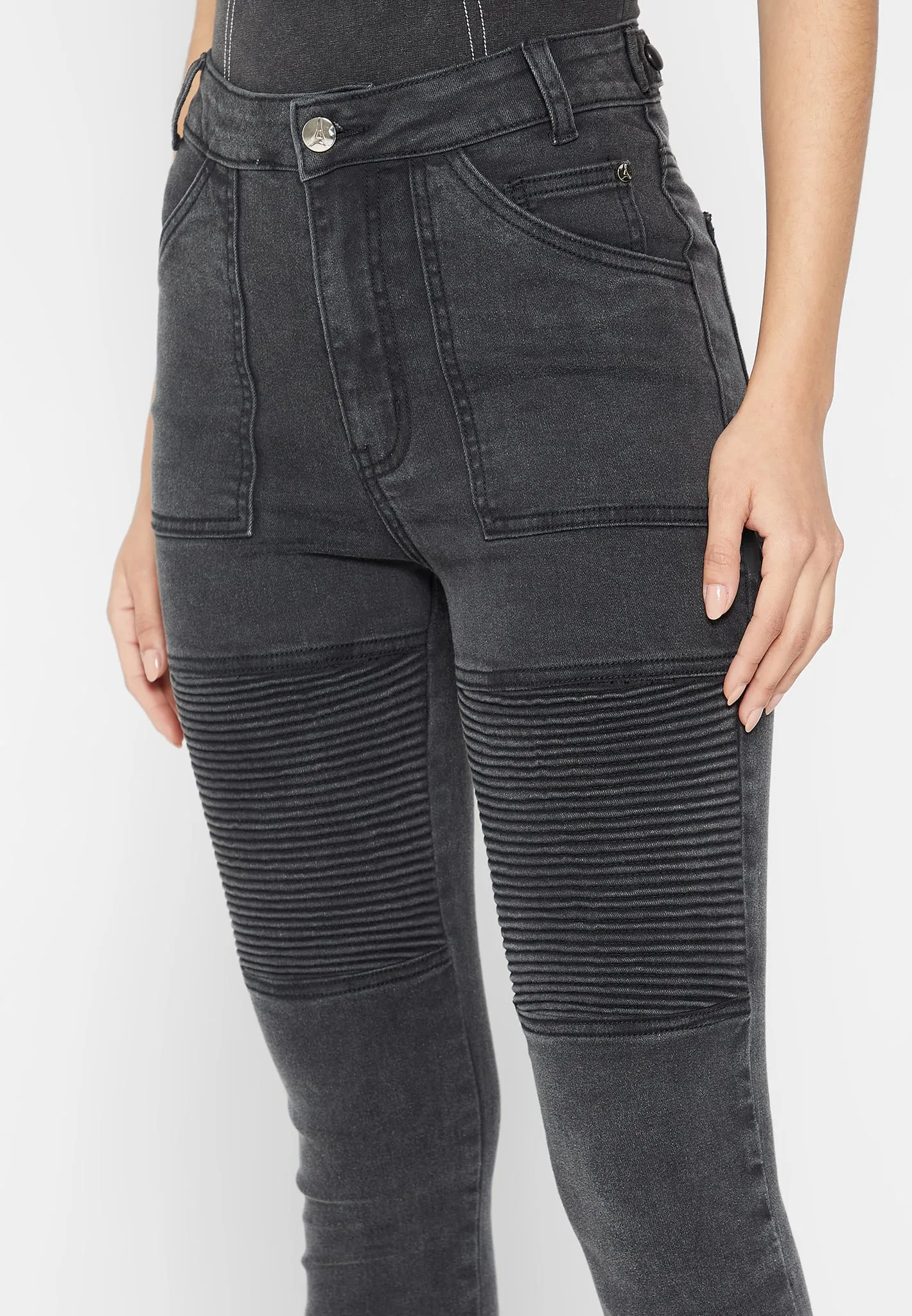 Ribbed Biker Skinny Jeans - Washed Black sold by Maniere De Voir product image thumbnail 5