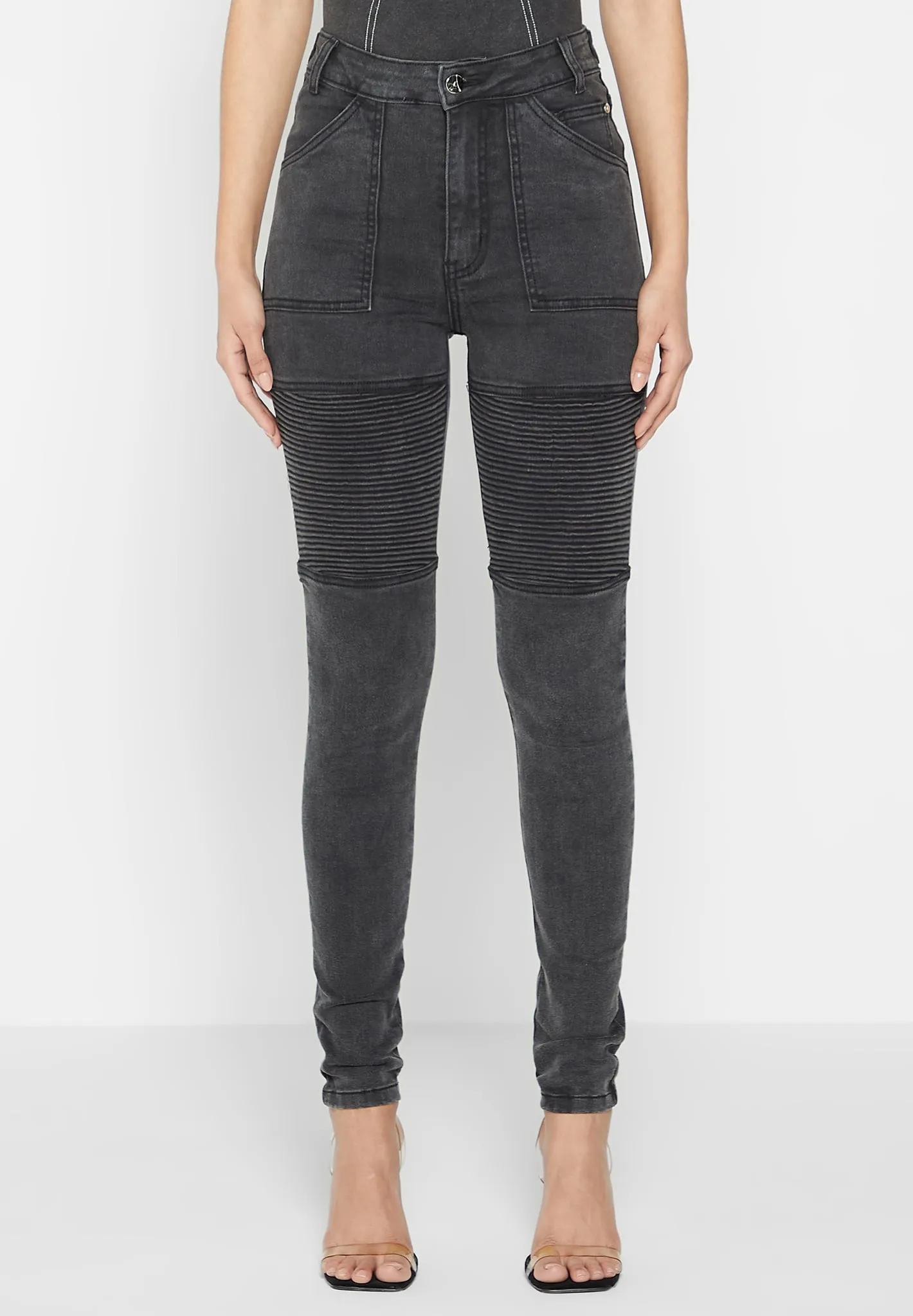 Ribbed Biker Skinny Jeans - Washed Black sold by Maniere De Voir