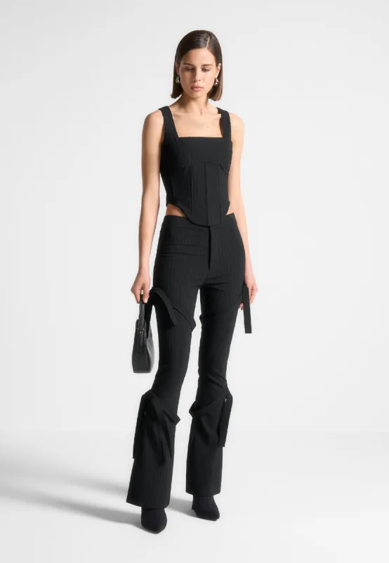 Strap Detail Pinstripe Fit and Flare Leggings - Black sold by Maniere De Voir