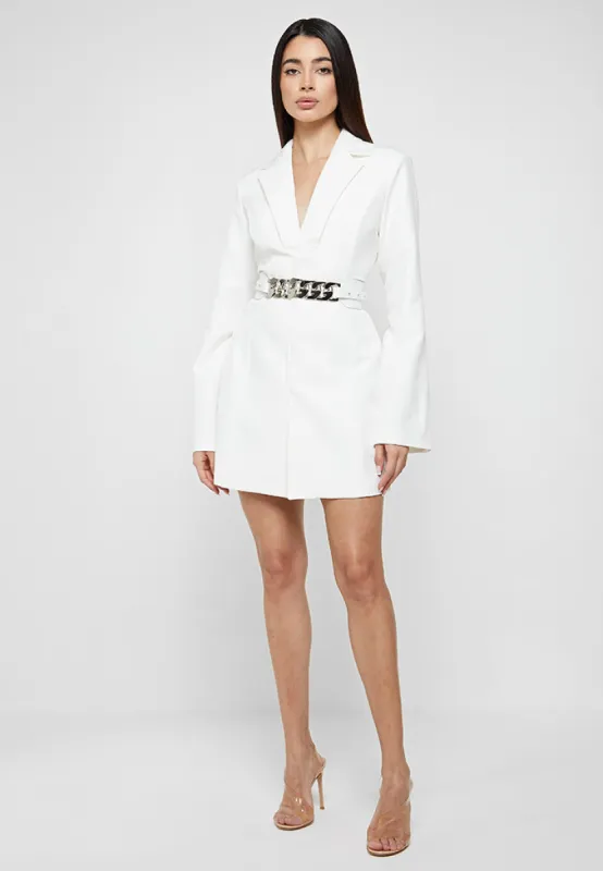 Chain Belted Blazer Dress - White sold by Maniere De Voir