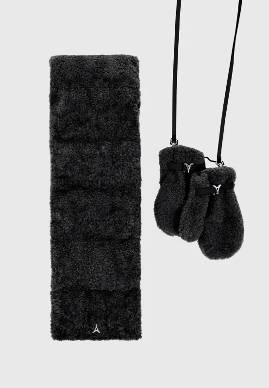 Eiffel Plush Mittens and Leather and Plush Puffer Scarf Set - Black sold by Maniere De Voir