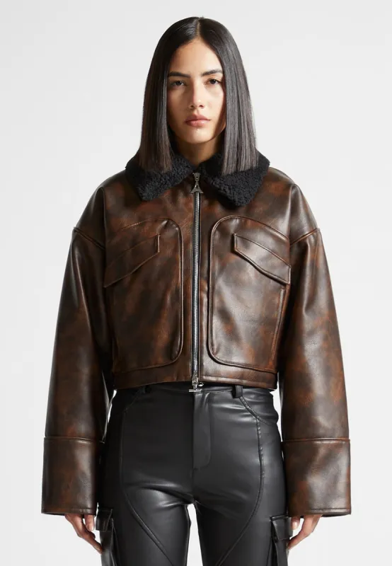 Vintage Leather Jacket with Detachable Collar - Brown sold by Maniere De Voir