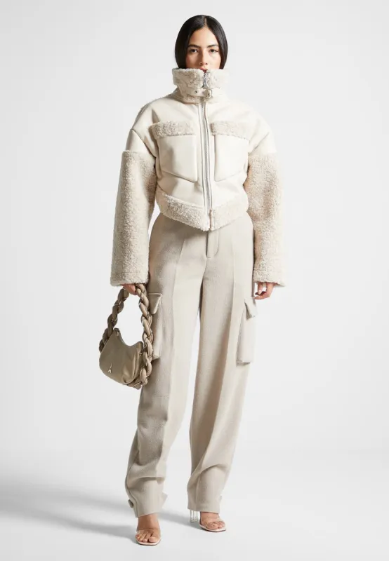 Angular Hem Leather Borg Biker Jacket - Beige sold by Maniere De Voir