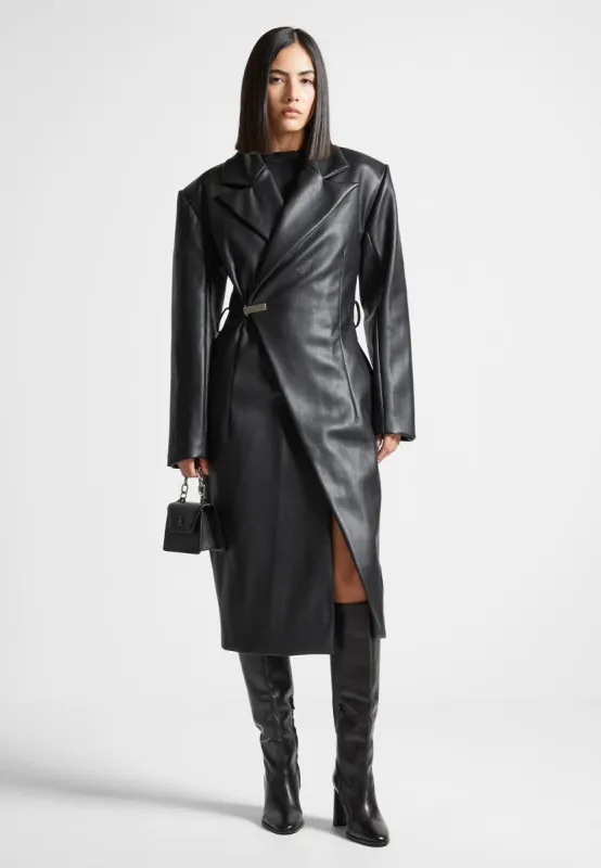 Leather Asymmetric Tailored Longline Coat - Black sold by Maniere De Voir