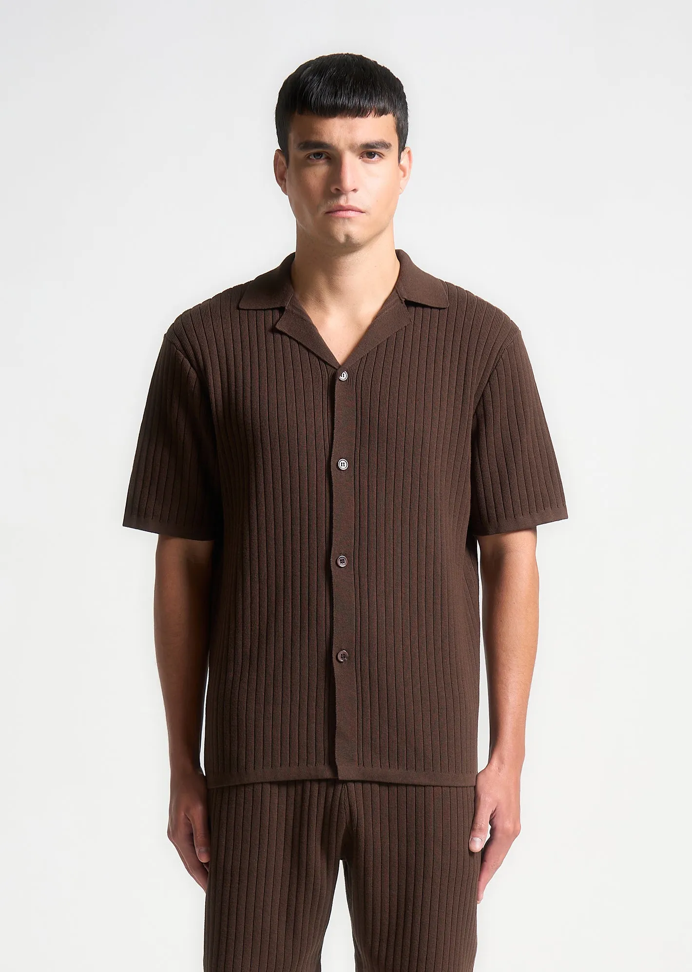 Ribbed Knit Revere Shirt - Brown sold by Maniere De Voir