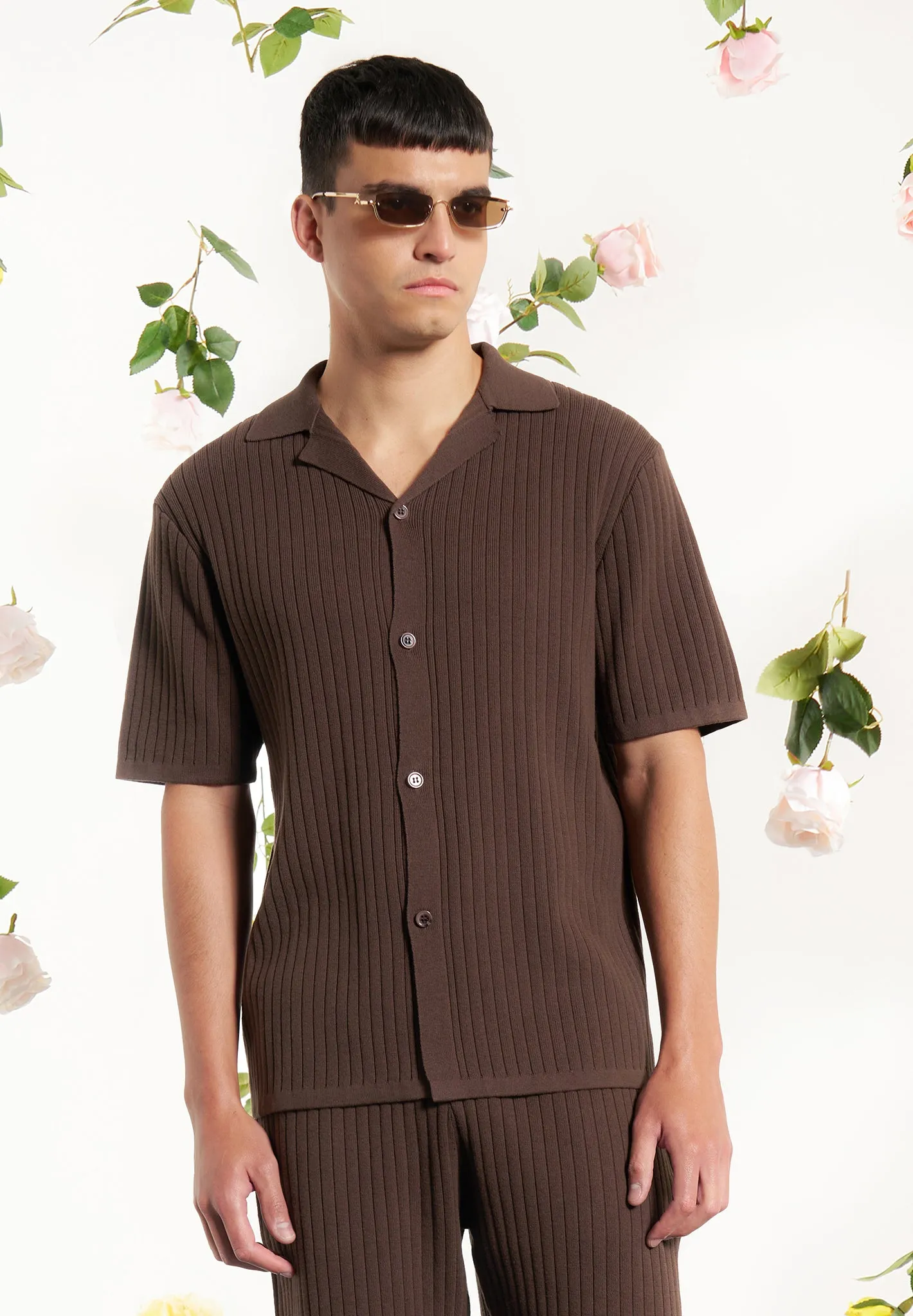 Ribbed Knit Revere Shirt - Brown sold by Maniere De Voir product image thumbnail 4