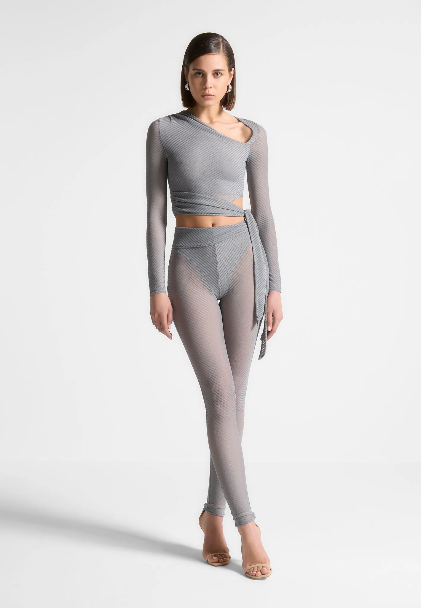 Ribbed Sheer Top with Tie - Grey sold by Maniere De Voir