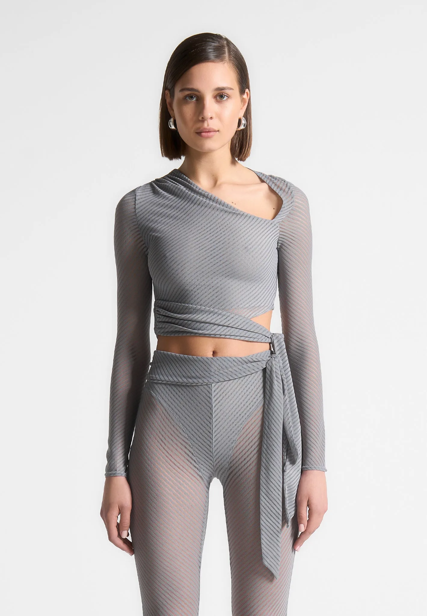 Ribbed Sheer Top with Tie - Grey sold by Maniere De Voir product image thumbnail 2