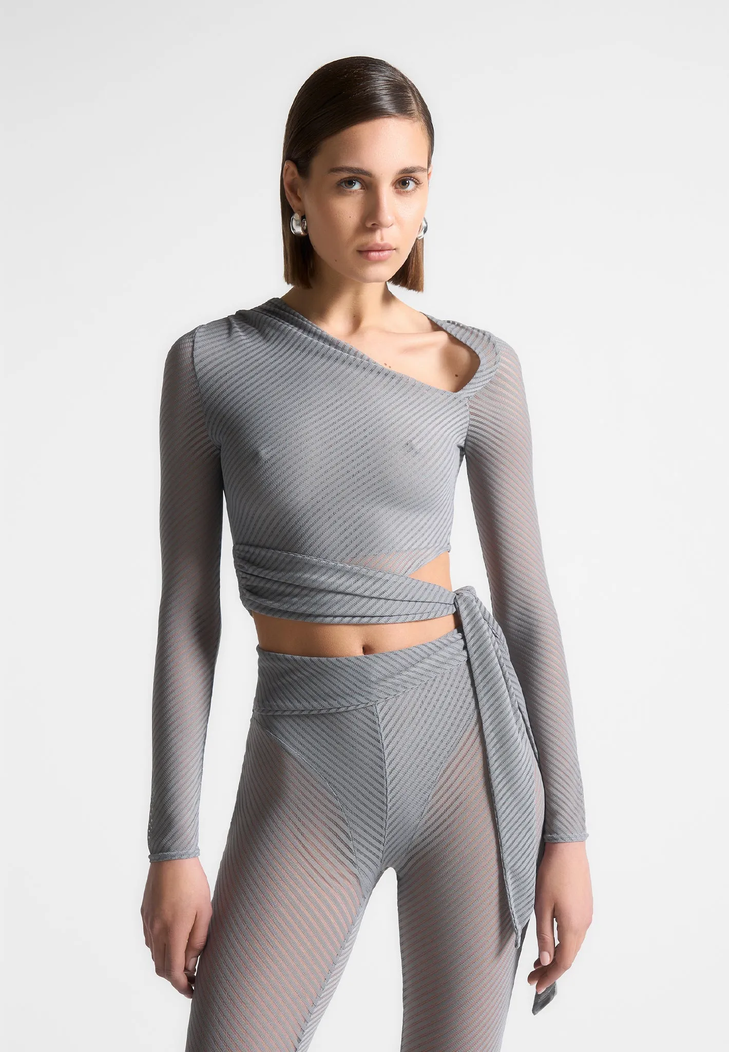 Ribbed Sheer Top with Tie - Grey sold by Maniere De Voir product image thumbnail 3