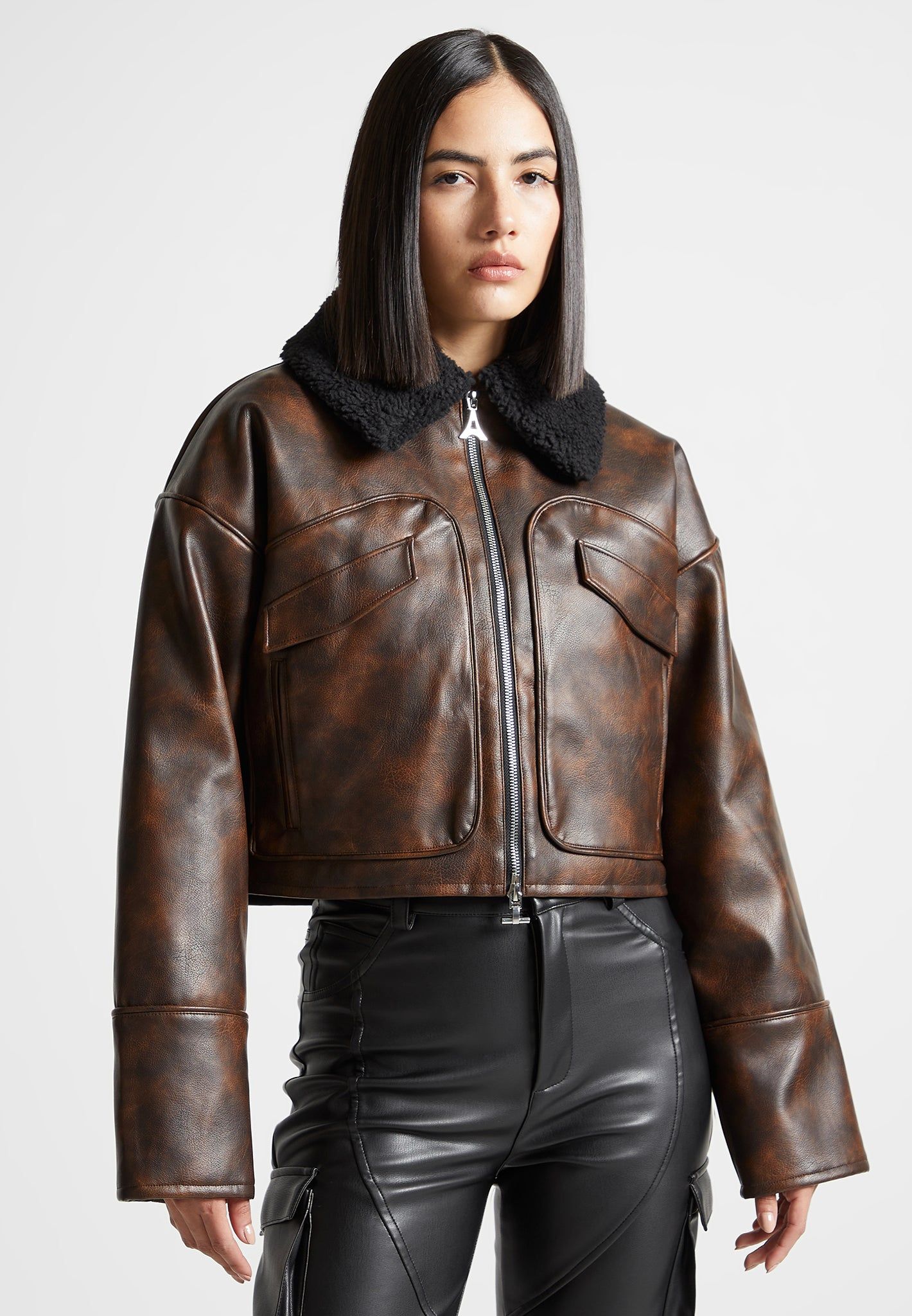 Vintage Leather Jacket with Detachable Collar - Brown sold by Maniere De Voir product image thumbnail 4