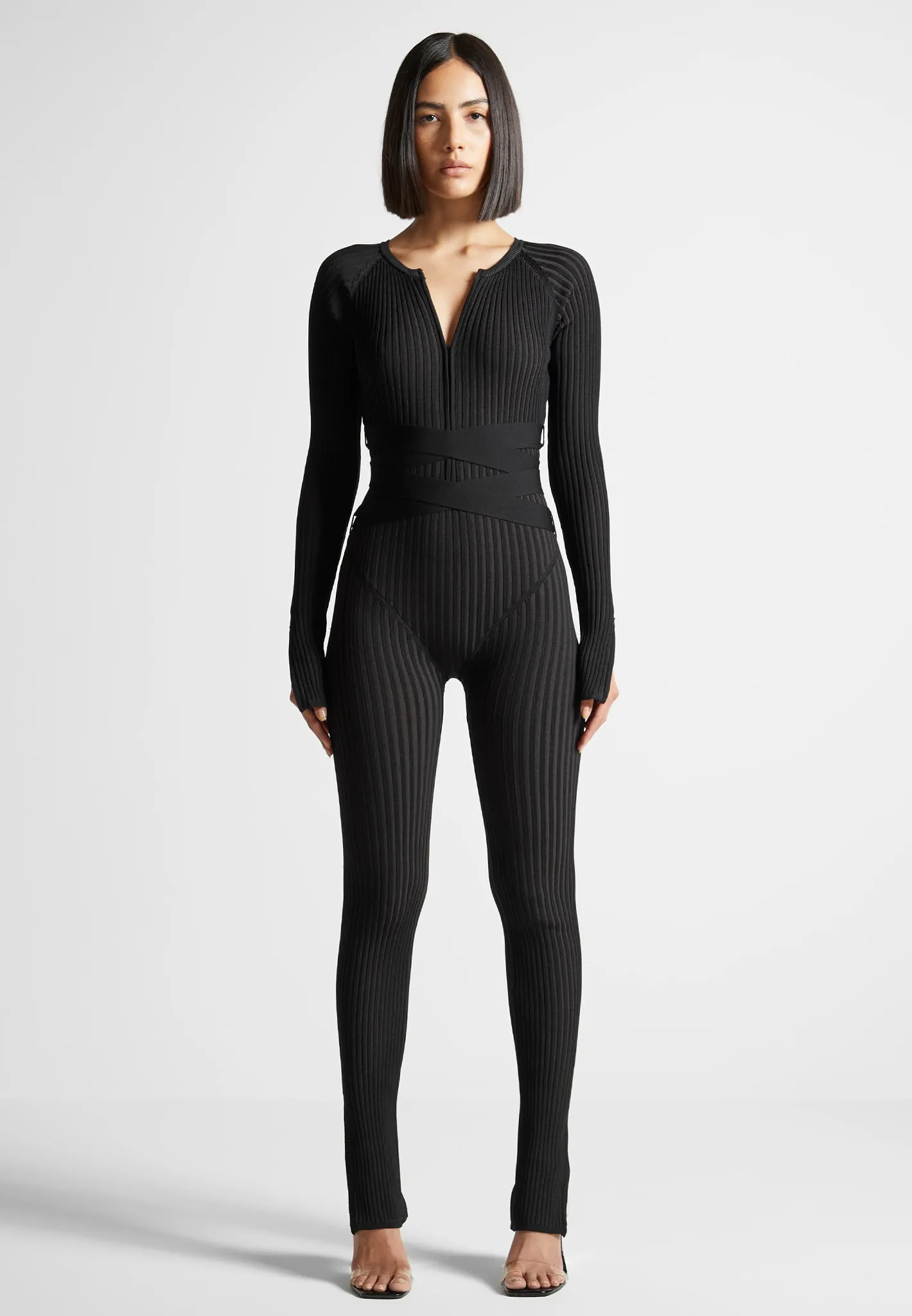 Knitted Two Tone Jumpsuit with Belt - Black sold by Maniere De Voir product image thumbnail 3