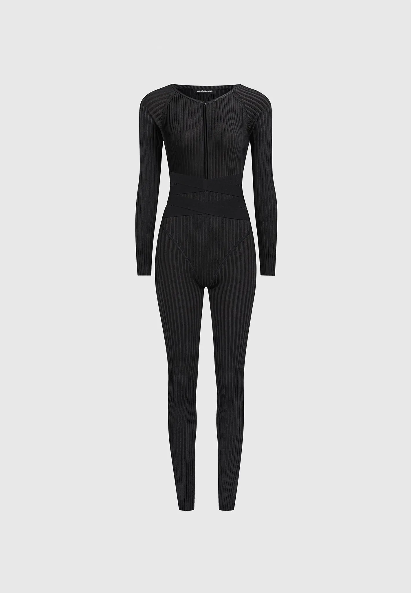 Knitted Two Tone Jumpsuit with Belt - Black sold by Maniere De Voir product image thumbnail 2