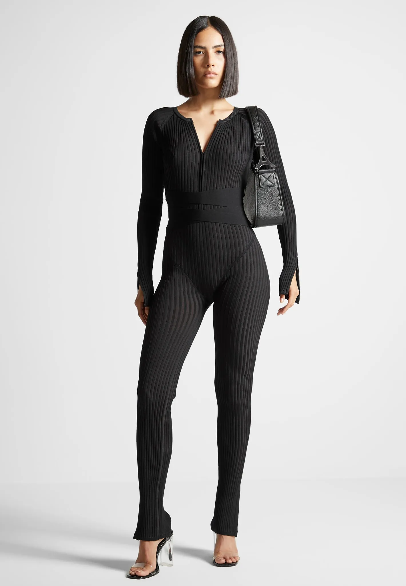 Knitted Two Tone Jumpsuit with Belt - Black sold by Maniere De Voir