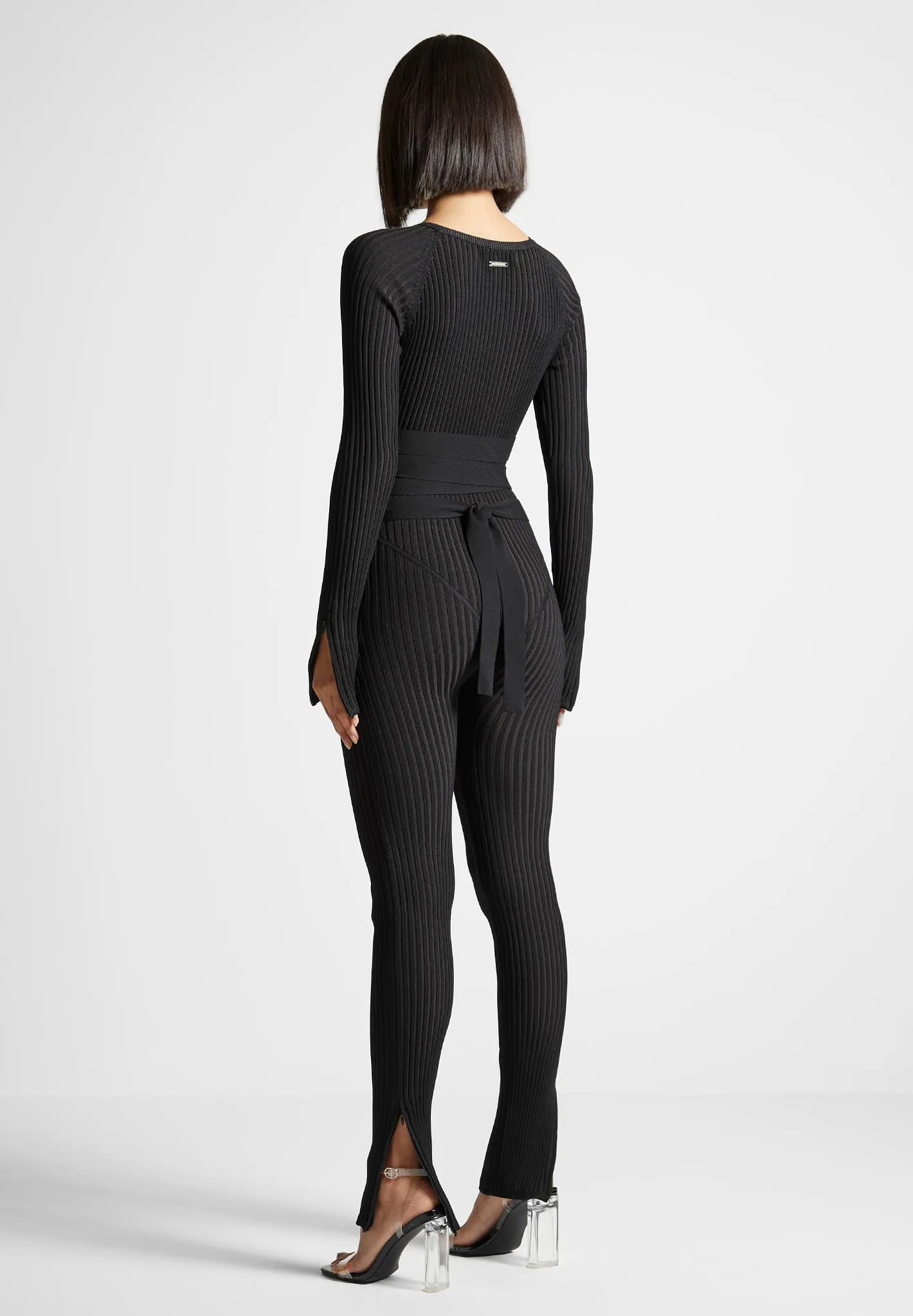 Knitted Two Tone Jumpsuit with Belt - Black sold by Maniere De Voir product image thumbnail 5