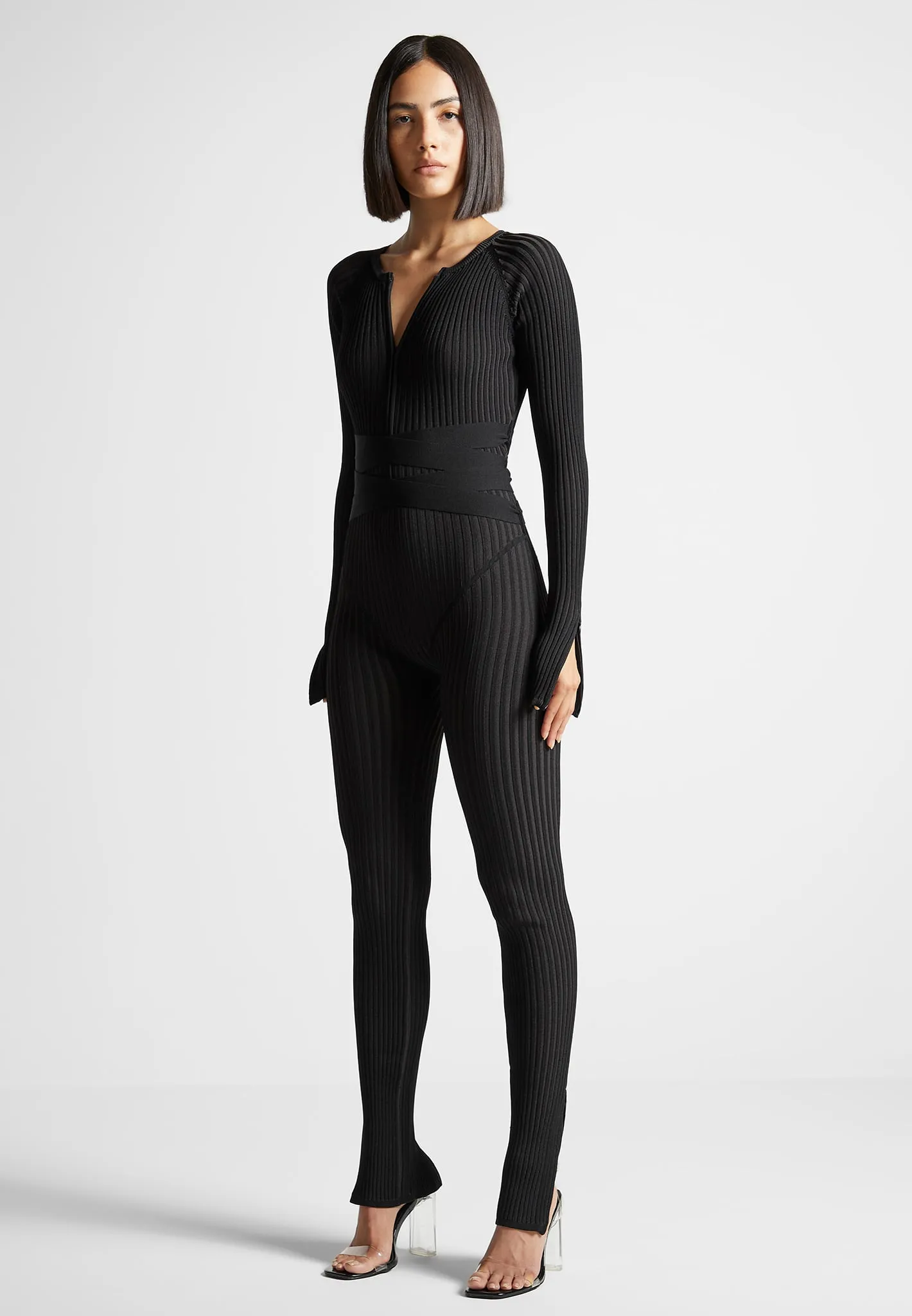 Knitted Two Tone Jumpsuit with Belt - Black sold by Maniere De Voir product image thumbnail 4