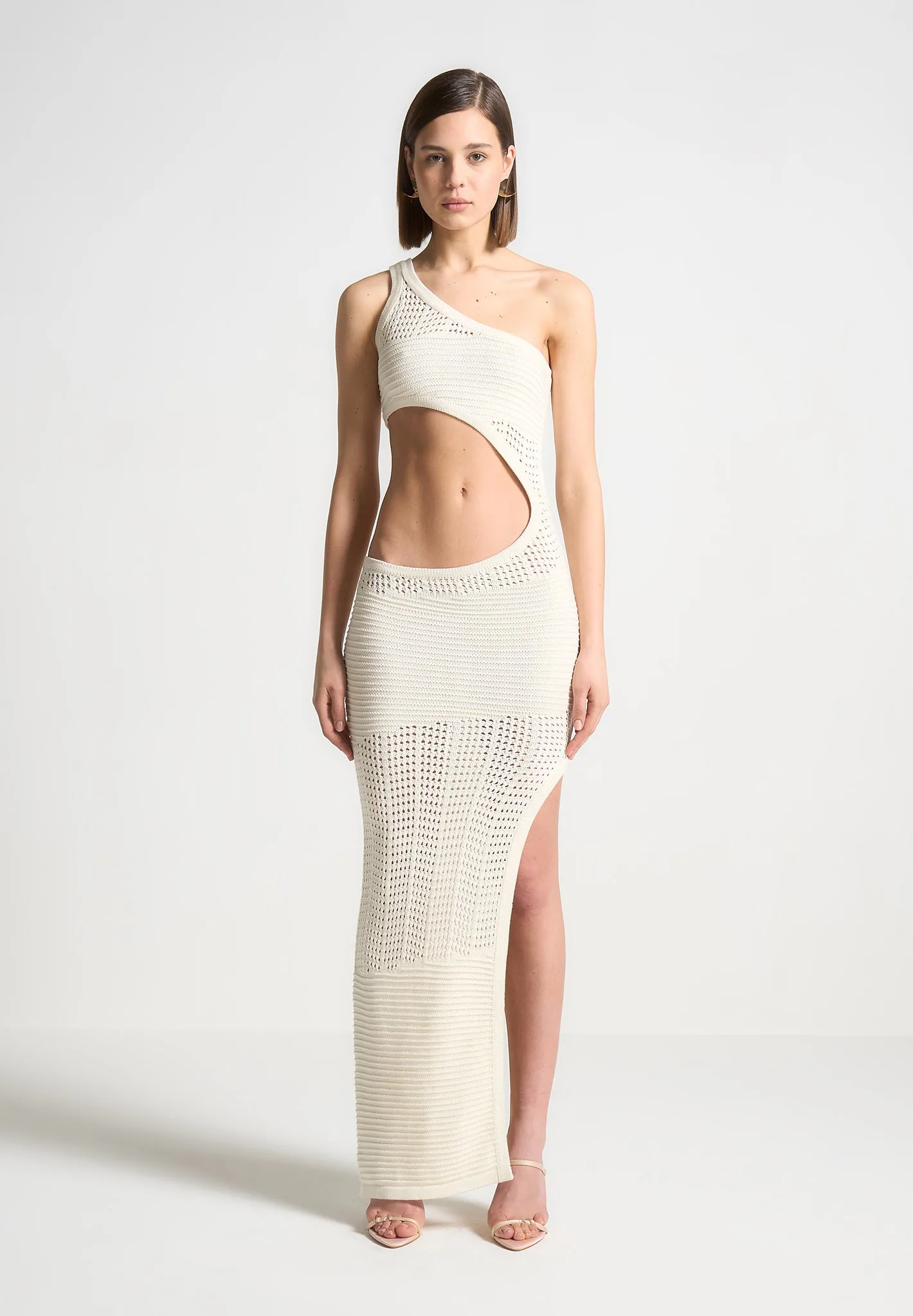 Asymmetric Crochet Knit Cut Out Maxi Dress - Cream sold by Maniere De Voir product image thumbnail 4