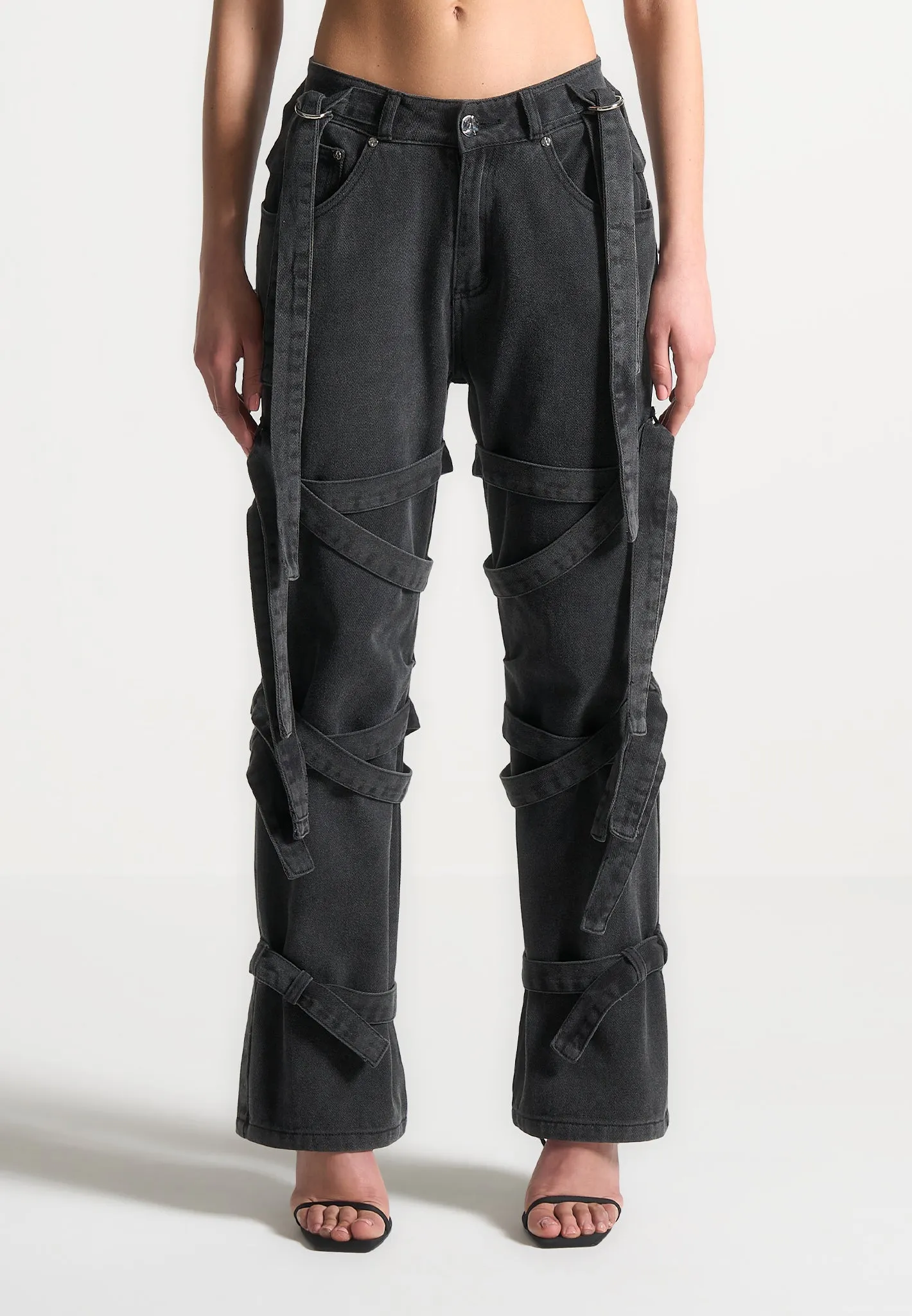Talia - Denim Strap Cargo Jeans - Washed Black sold by Maniere De Voir