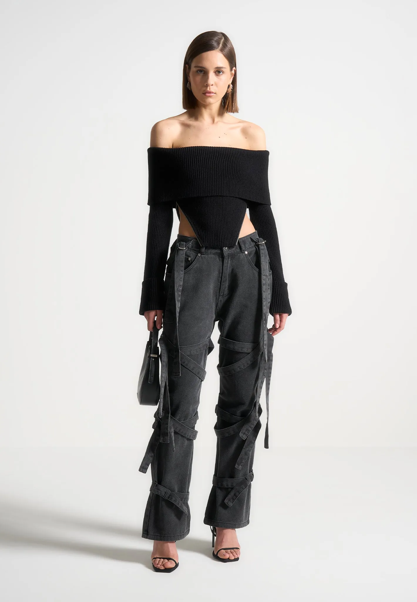 Talia - Denim Strap Cargo Jeans - Washed Black sold by Maniere De Voir product image thumbnail 2