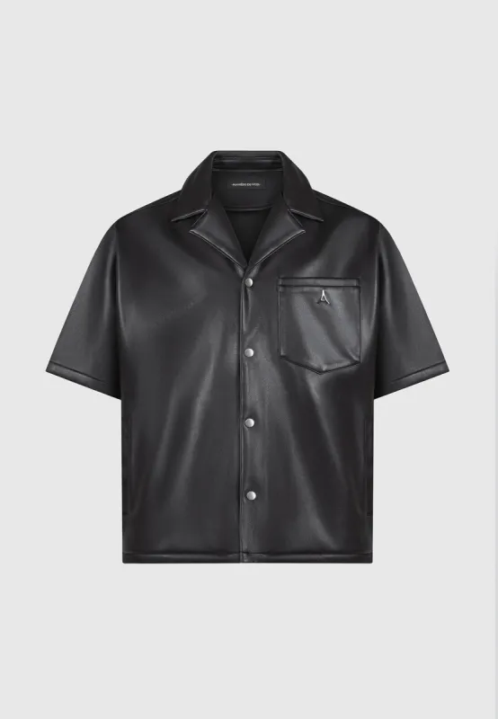Boxy Leather Revere Shirt - Black made by Maniere De Voir