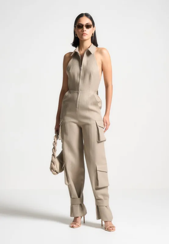 Tailored Halterneck Cargo Jumpsuit - Beige sold by Maniere De Voir